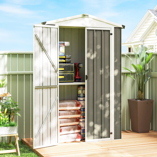 Metal Garden Shed with Shelf, Apex Roof, Light Grey Sheds Light Grey, Cream White at Gallery Canada