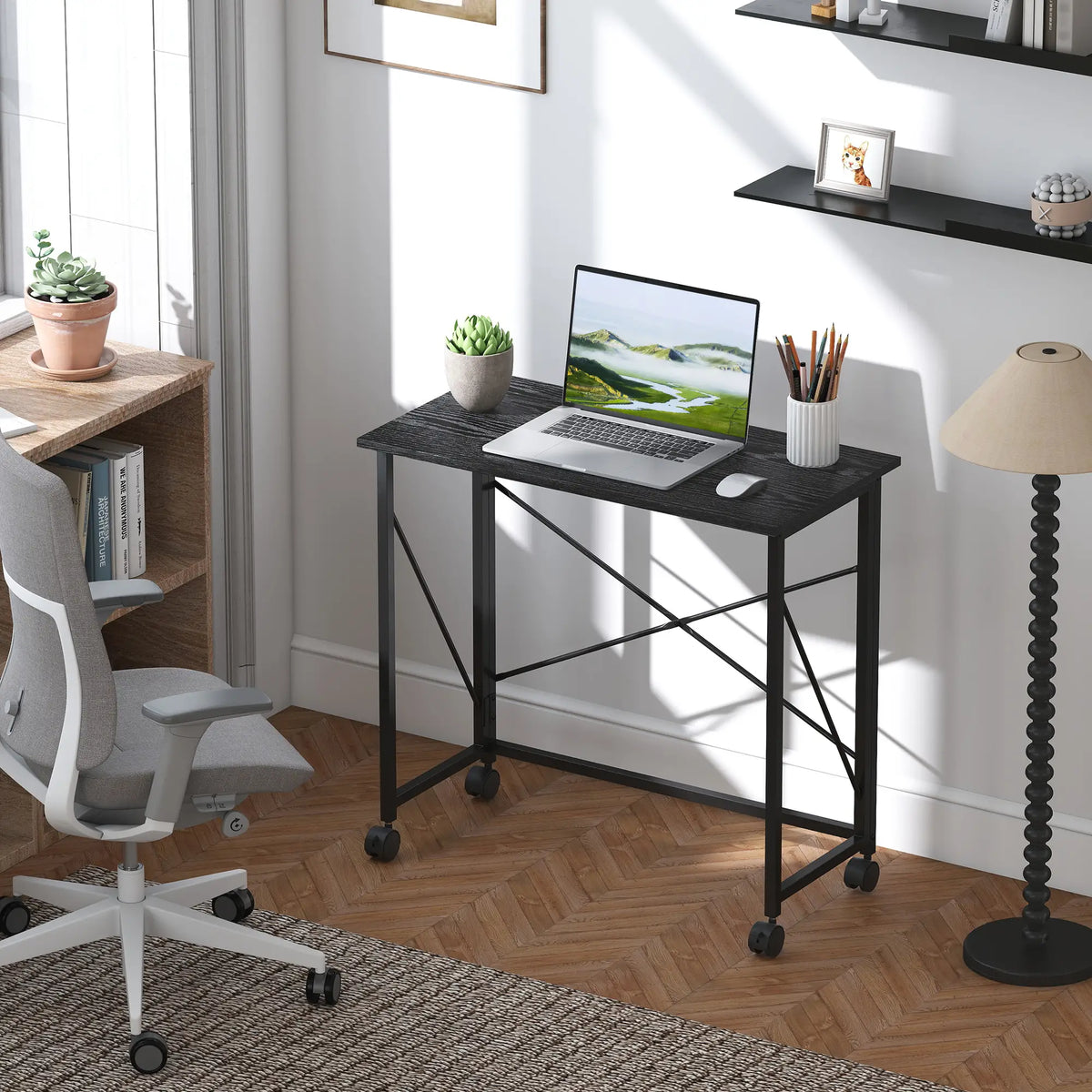 31.5" Folding Desk With Wheels, Black Wood Effect, Black Writing Desks at Gallery Canada