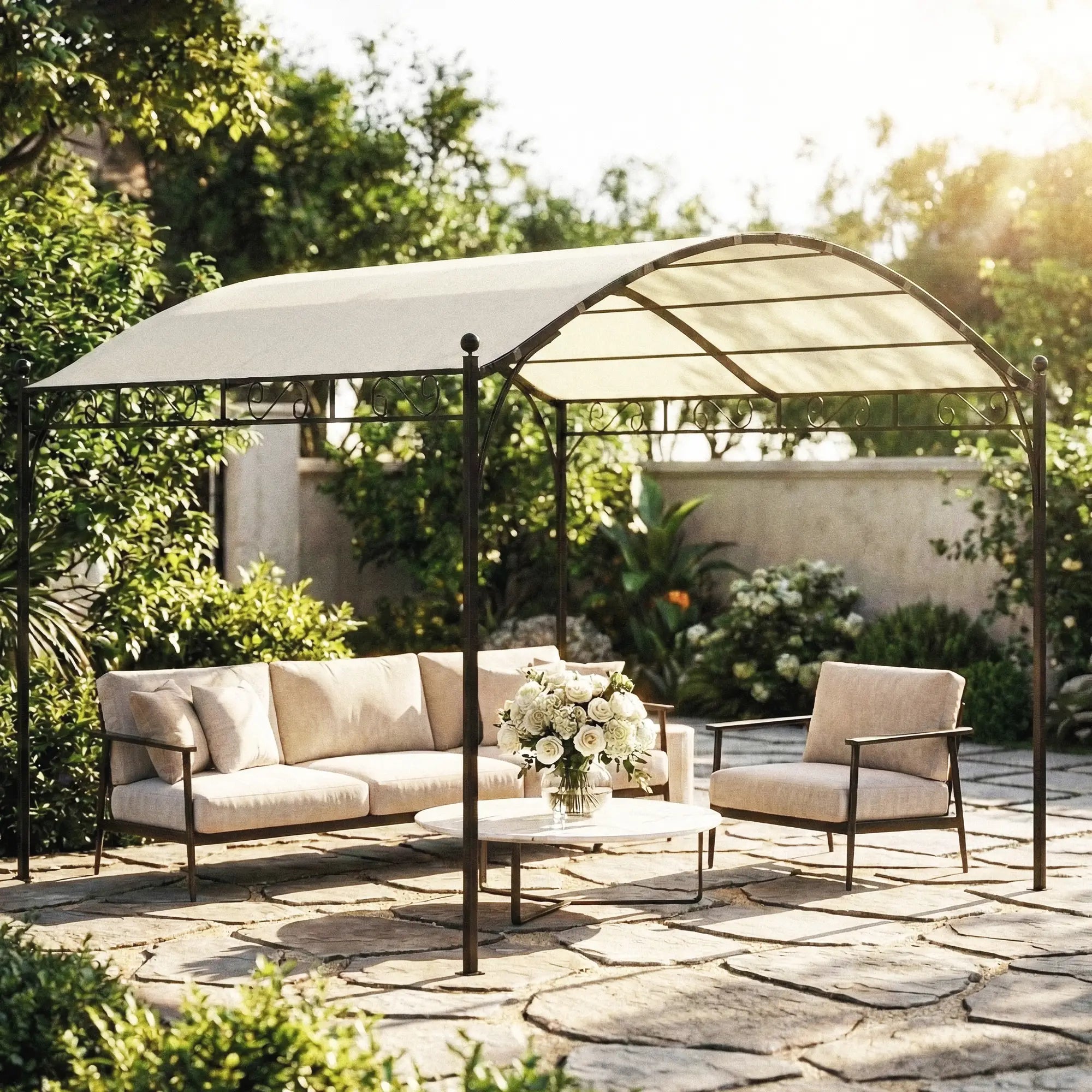 10' x 10' Outdoor Pergola, Galvanized Steel Frame, UV30+ Canopy, Cream White Pergolas at Gallery Canada