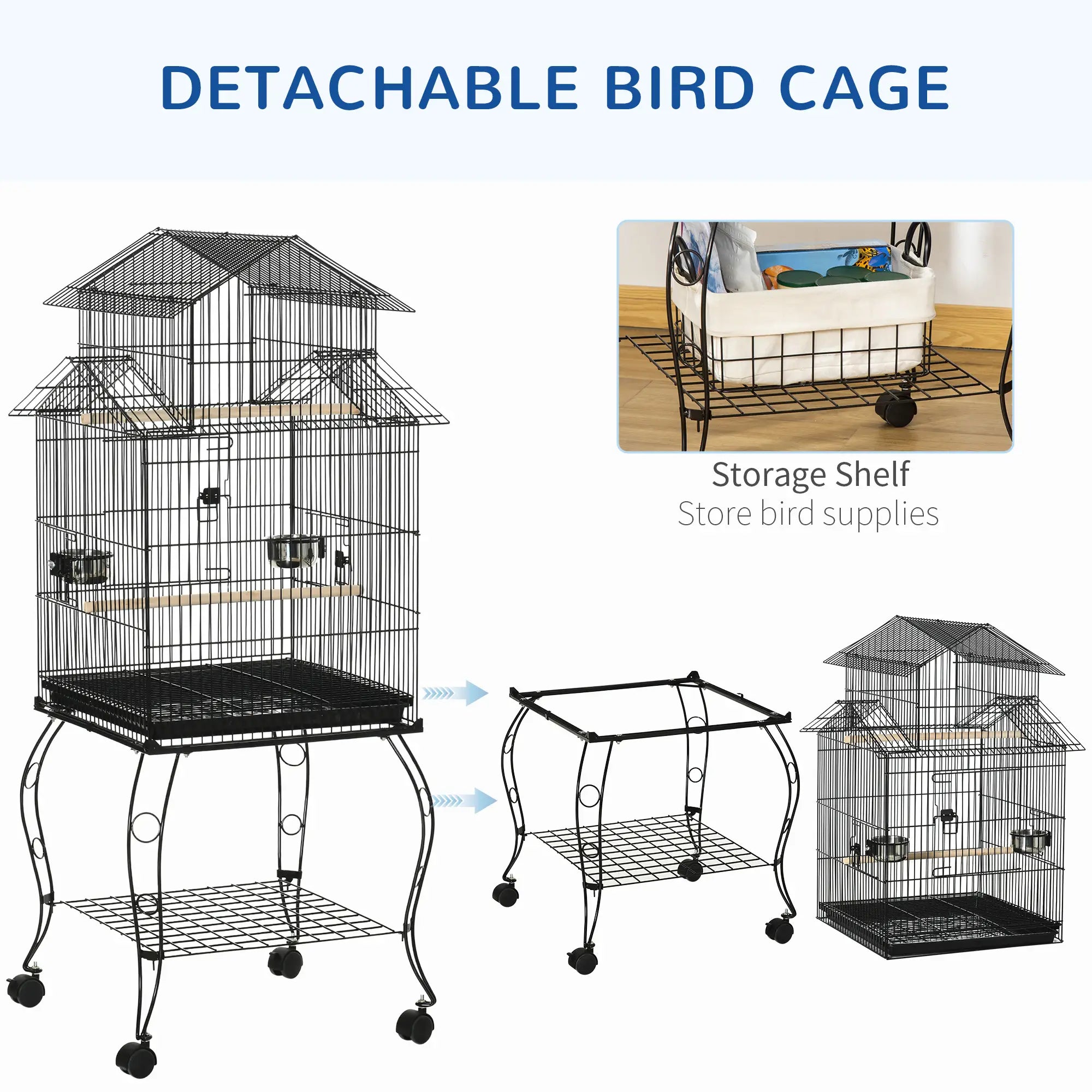 53.9'' Large Rolling Bird Cage, Detachable Stand, Storage Shelf, Black Bird Cages at Gallery Canada