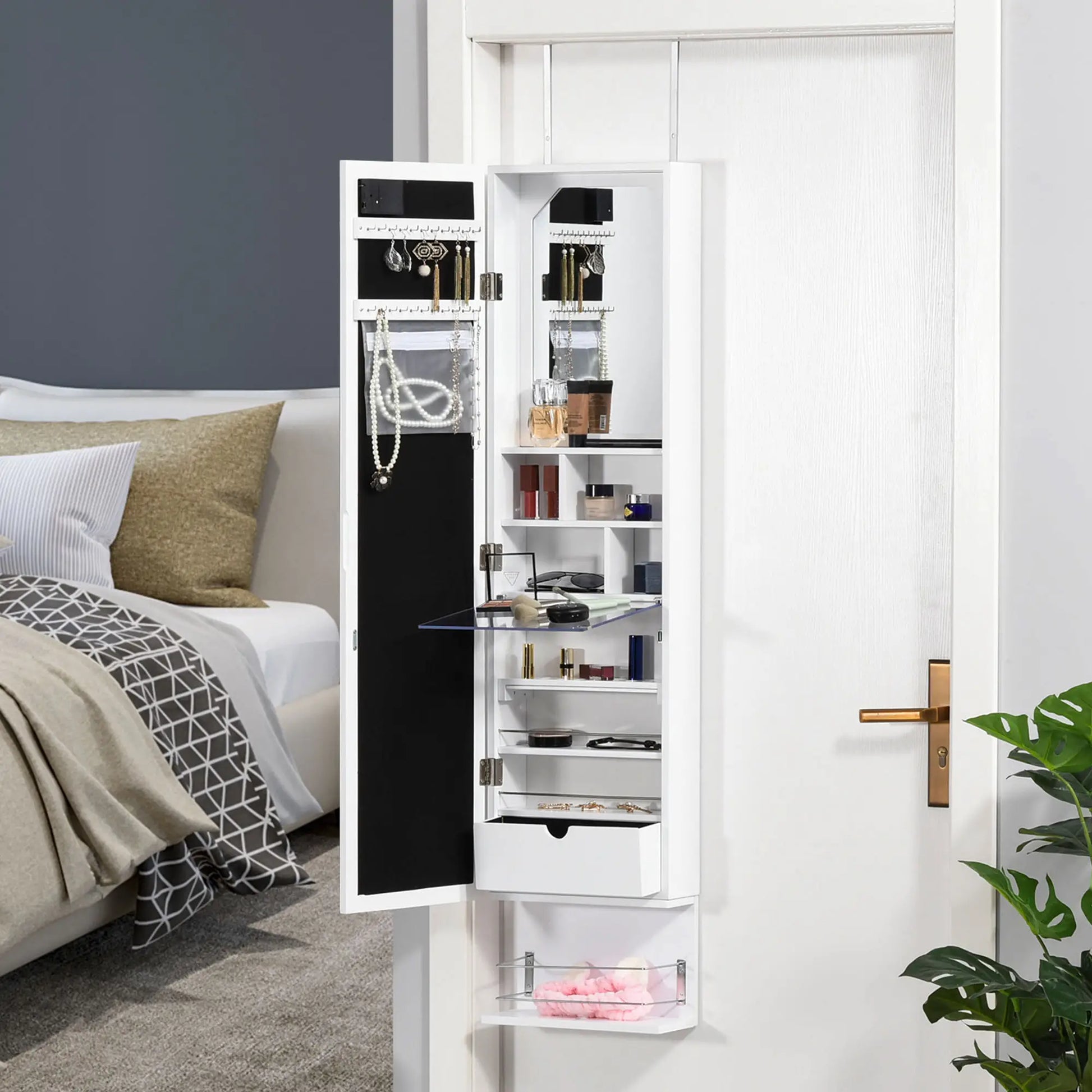 Mirror Jewelry Cabinet, LED Lights, Wall Mount, 3 Heights, Drawer, Shelf, White Jewelry Armoire & Jewellery Mirror Cabinets at Gallery Canada