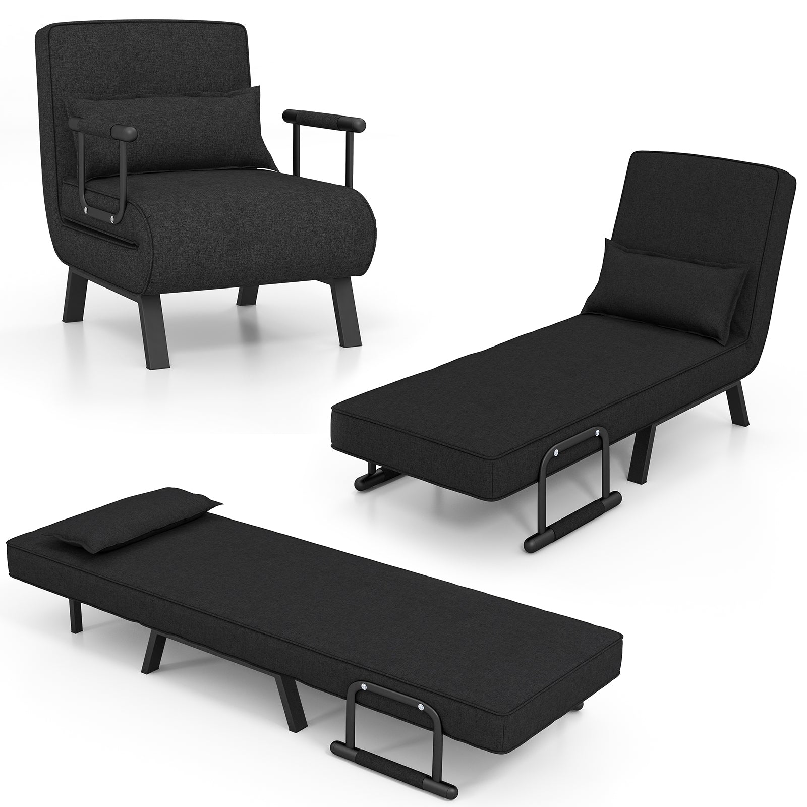 Folding 6 Position Convertible Sleeper Bed Armchair Lounge Couch with Pillow, Black Accent Chairs at Gallery Canada