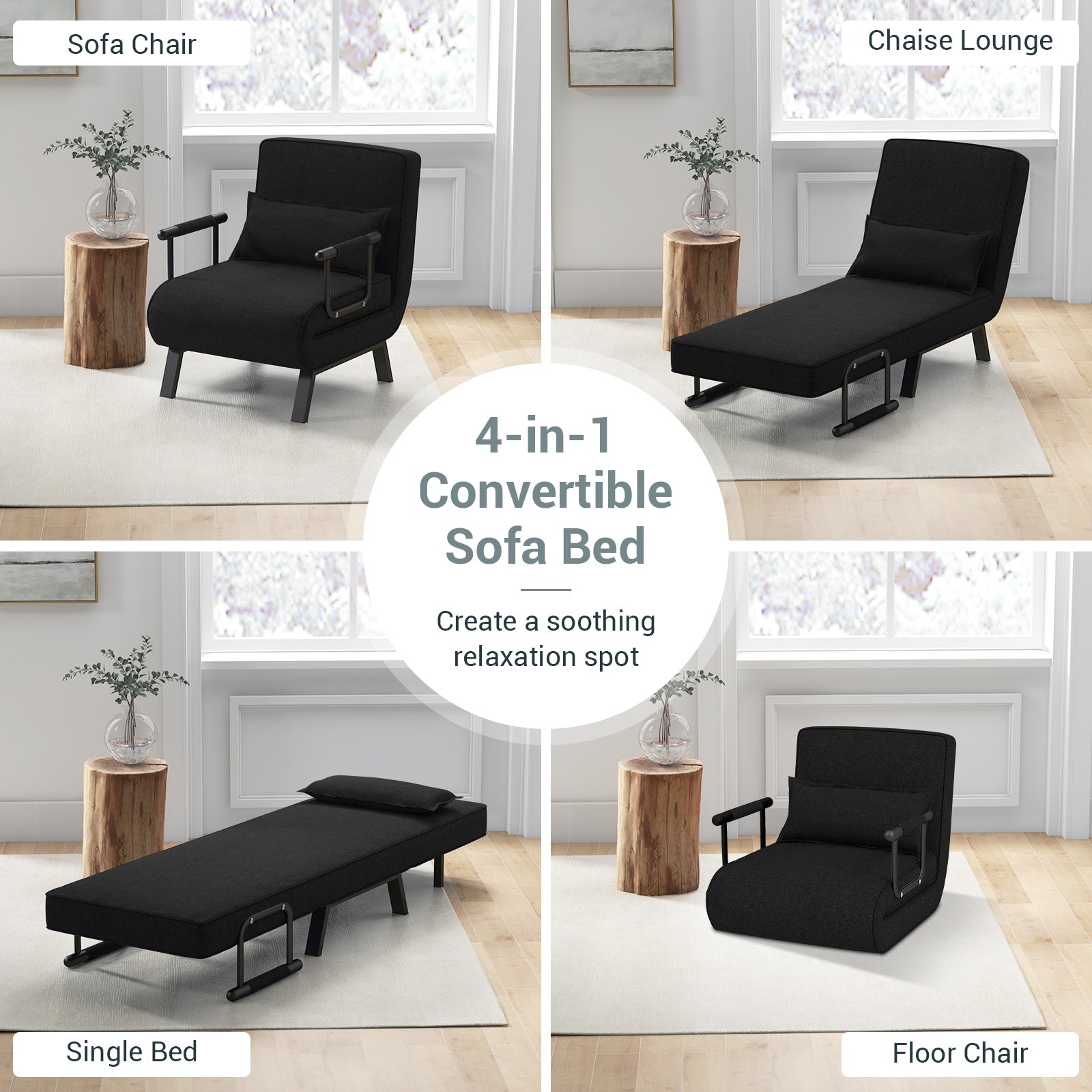 Folding 6 Position Convertible Sleeper Bed Armchair Lounge Couch with Pillow, Black Accent Chairs at Gallery Canada