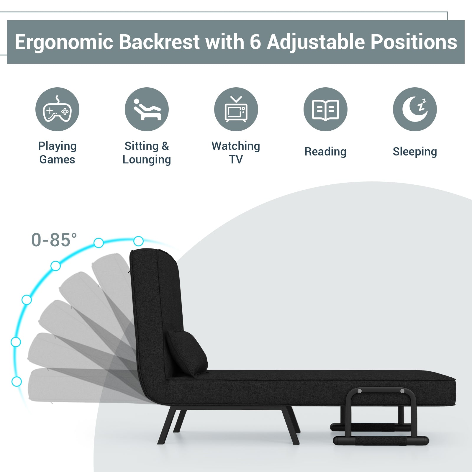 Folding 6 Position Sleeper Bed Armchair Lounge Couch, Black Accent Chairs at Gallery Canada