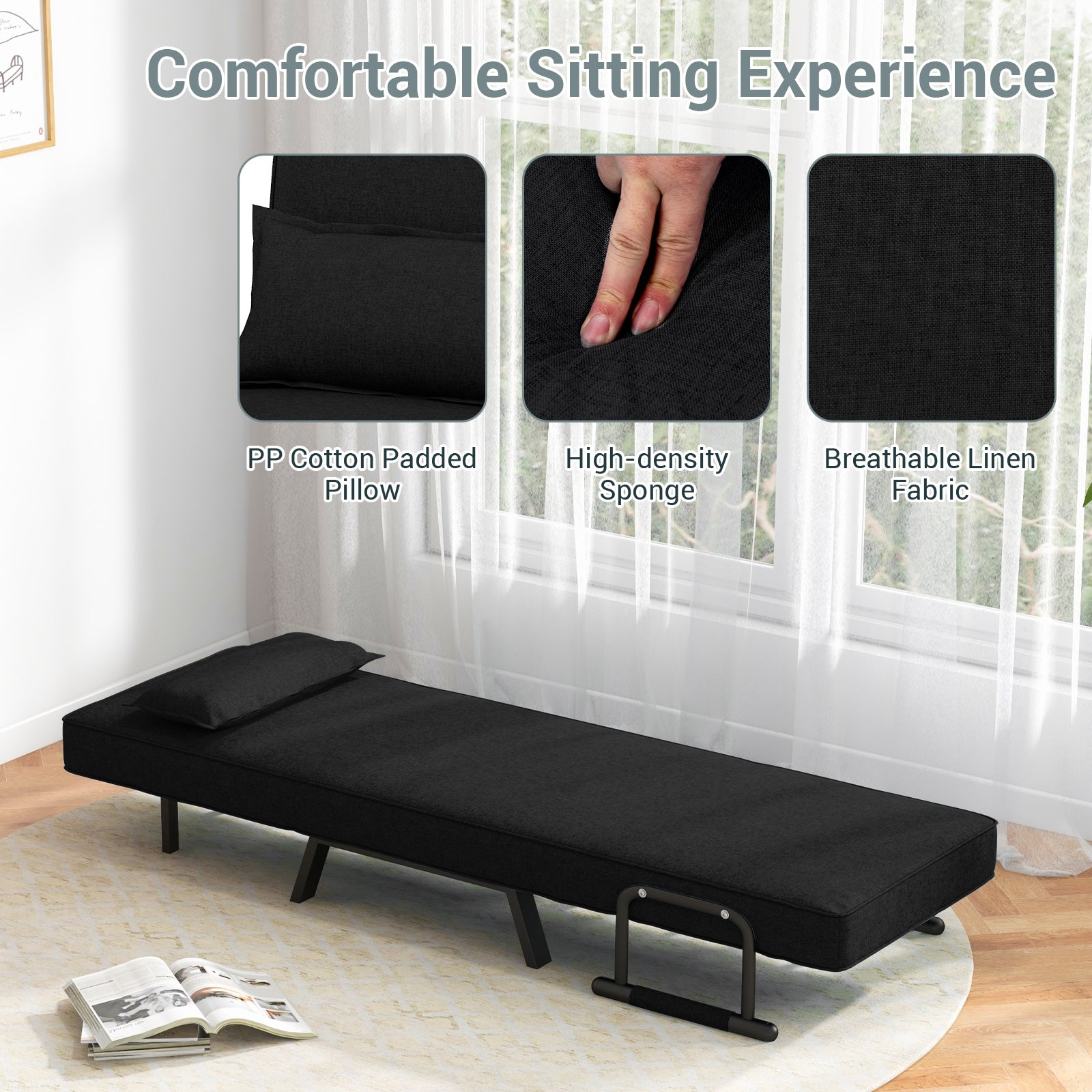 Folding 6 Position Sleeper Bed Armchair Lounge Couch, Black Accent Chairs at Gallery Canada