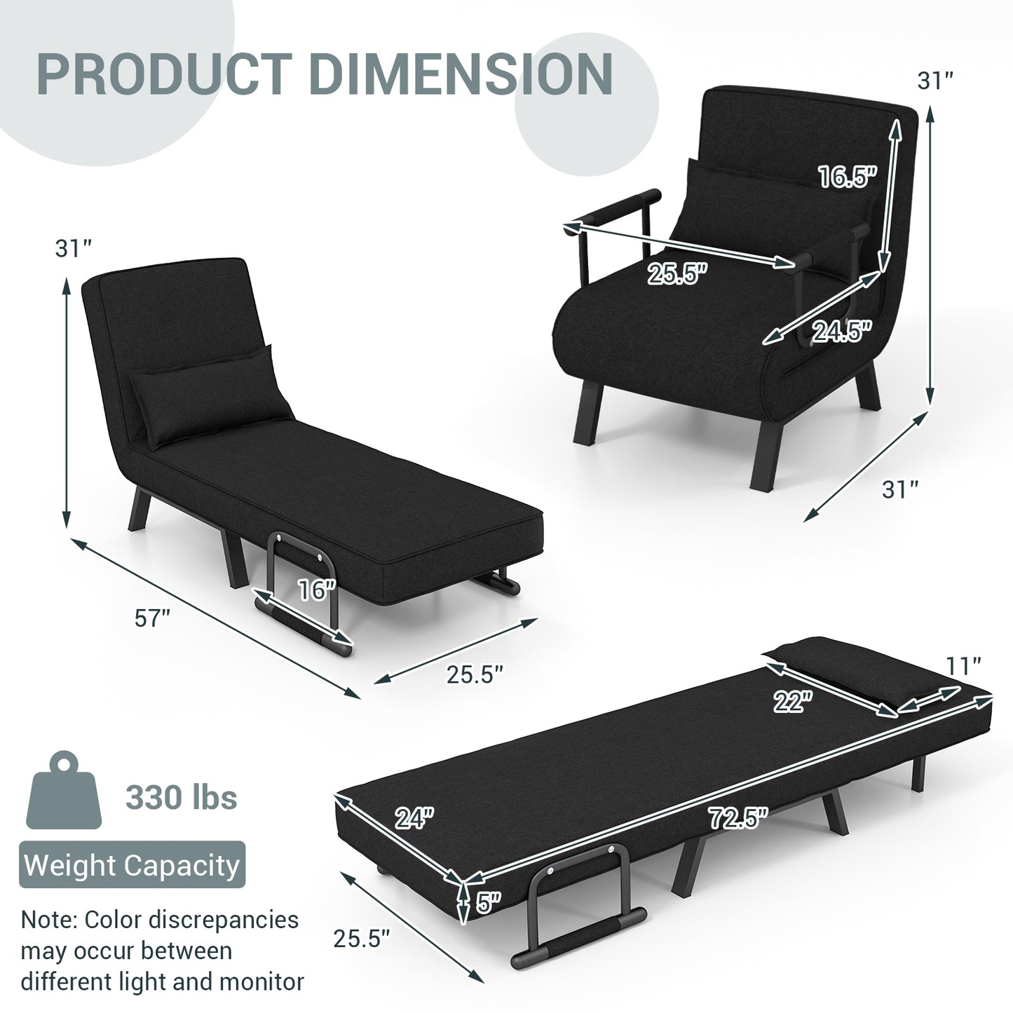 Folding 6 Position Sleeper Bed Armchair Lounge Couch, Black Accent Chairs at Gallery Canada