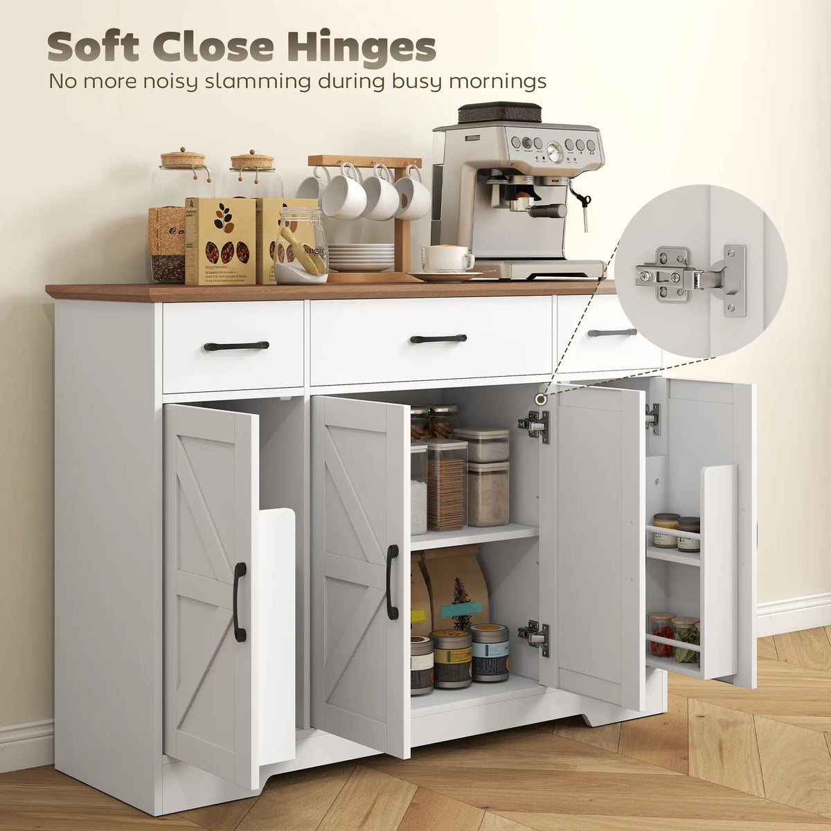 47" Buffet Cabinet, Farmhouse Sideboard, 3 Drawers, Adjustable Shelves, White Bar Cabinets at Gallery Canada