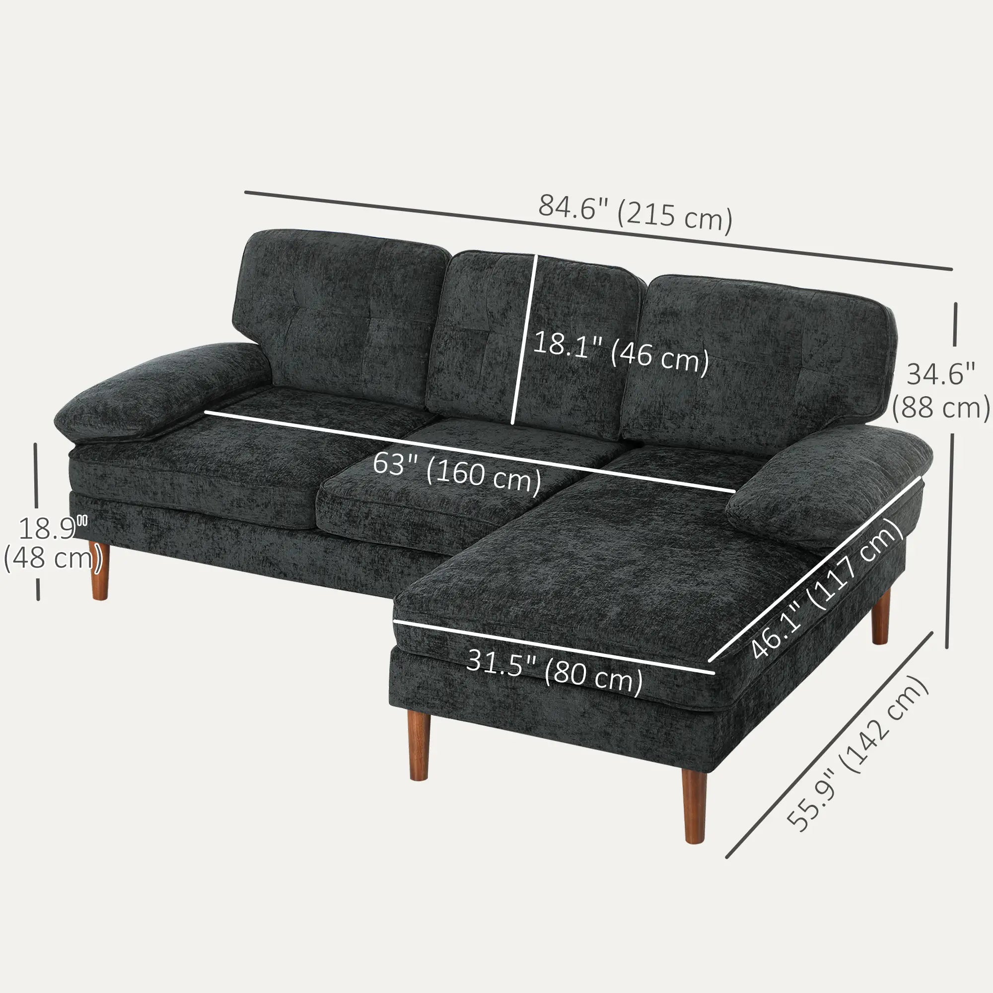 Modern Corner Couch, Right Chaise Lounge, Tufted 3-Seater Sofa, Wooden Legs, Black 3-Seater Sofas at Gallery Canada