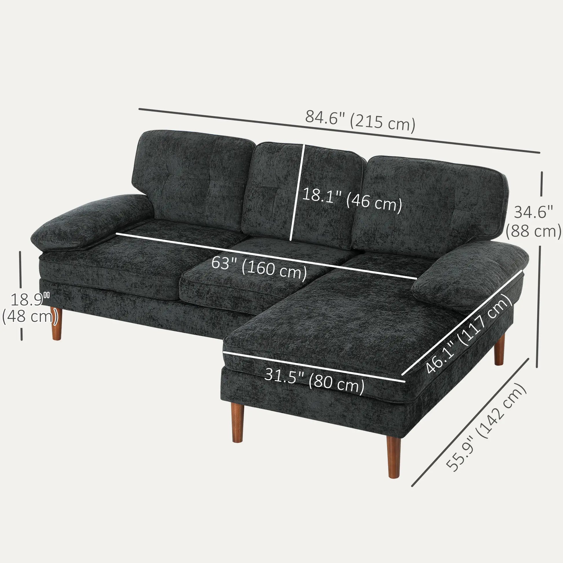 Modern Corner Couch, Right Chaise Lounge, Tufted 3-Seater Sofa, Wooden Legs, Black 3-Seater Sofas at Gallery Canada