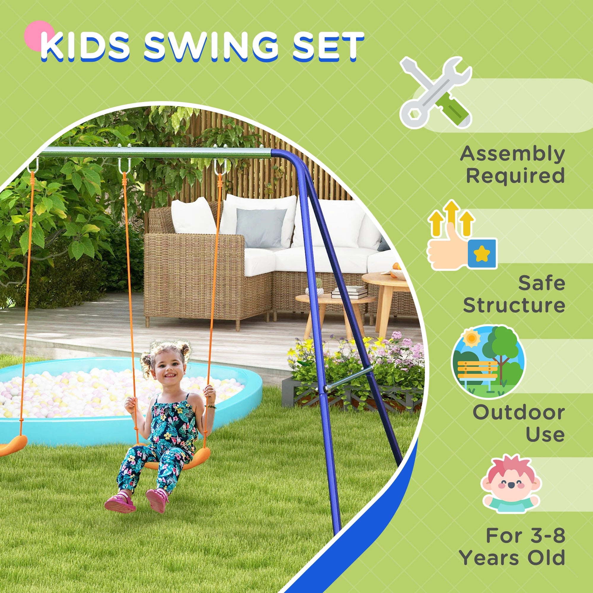 Kids Outdoor Swing Set, Metal Frame, Double Seats, Ages 3-8 Gym Sets & Swings at Gallery Canada