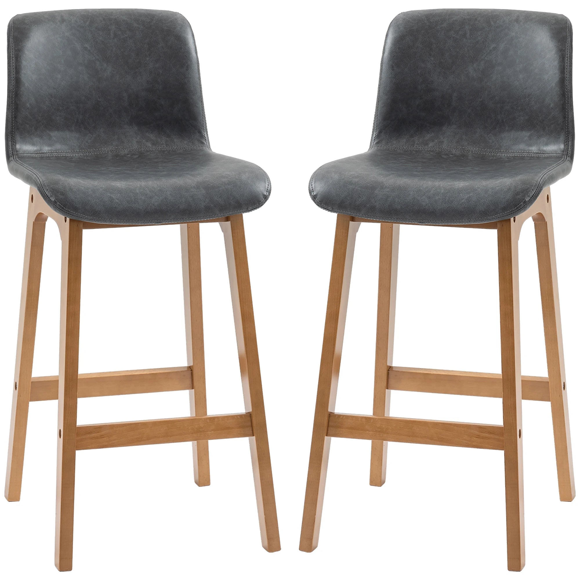 Modern Bar Stools Set of 2, Counter Height, PU Leather, Wooden Frame, Grey Bar Stools Grey, Natural Wood at Gallery Canada