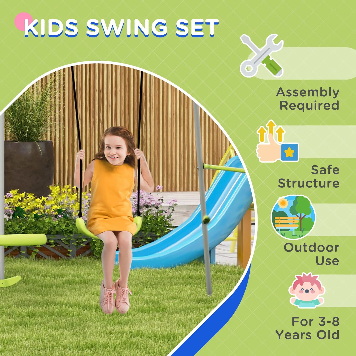 Kids Swing Set, Heavy Duty A-Frame Metal Frame with Glider, Swing Seat, Green Gym Sets & Swings at Gallery Canada