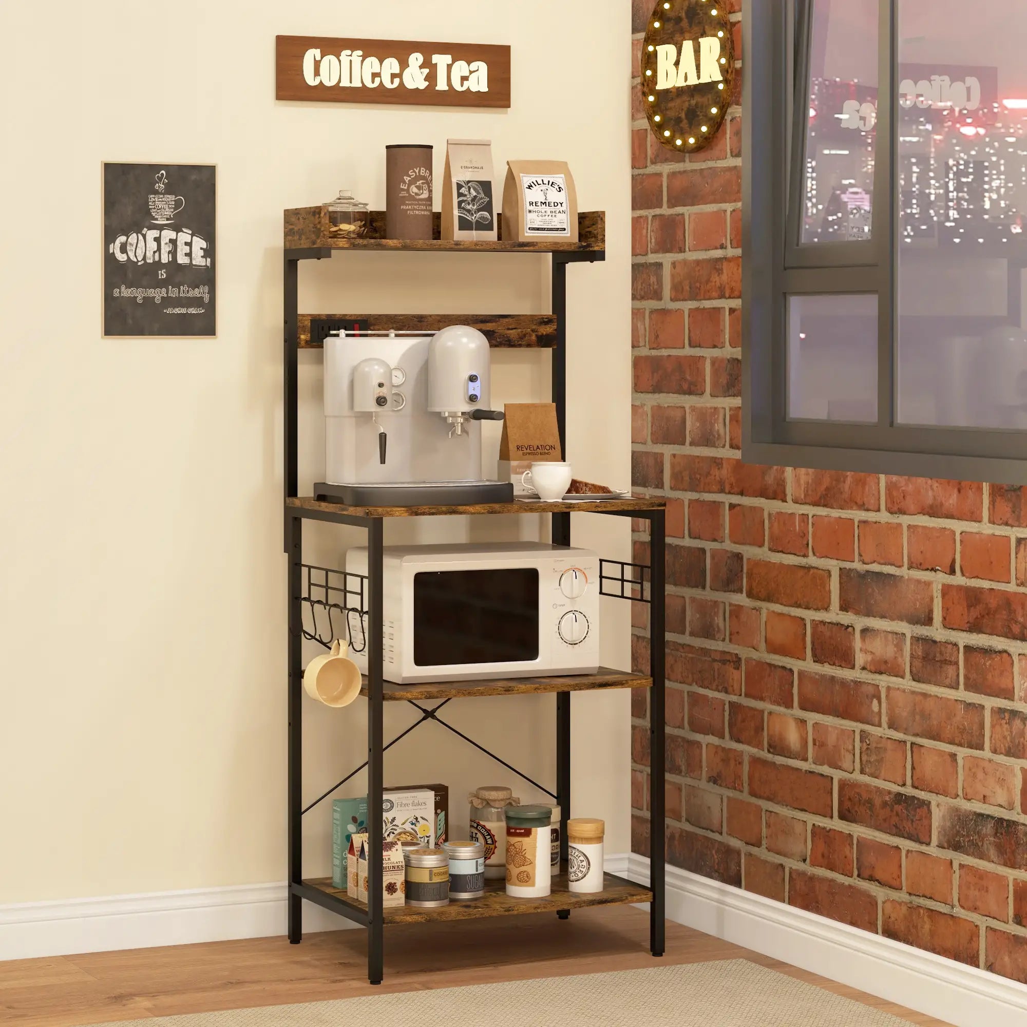 Kitchen Baker's Rack with Power Outlet, Adjustable Shelves, Rustic Brown, Brown Bar Cabinets at Gallery Canada