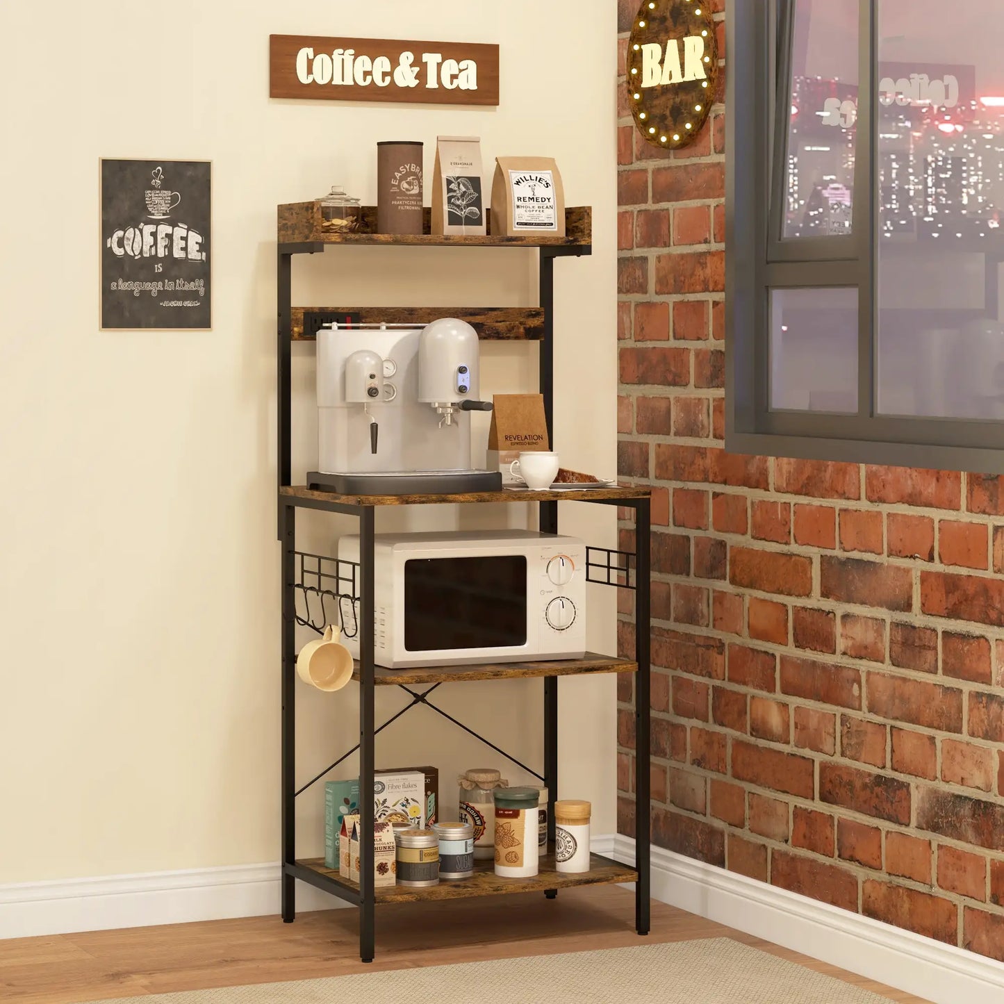 Kitchen Baker's Rack with Power Outlet, Adjustable Shelves, Rustic Brown, Brown Bar Cabinets at Gallery Canada