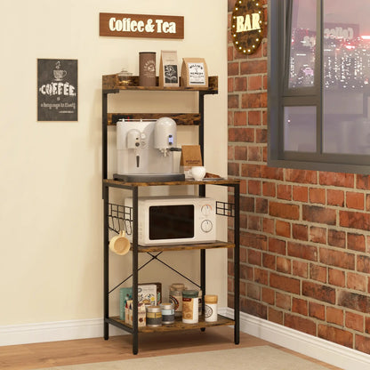 Kitchen Baker's Rack with Power Outlet, Adjustable Shelves, Rustic Brown, Brown Bar Cabinets at Gallery Canada