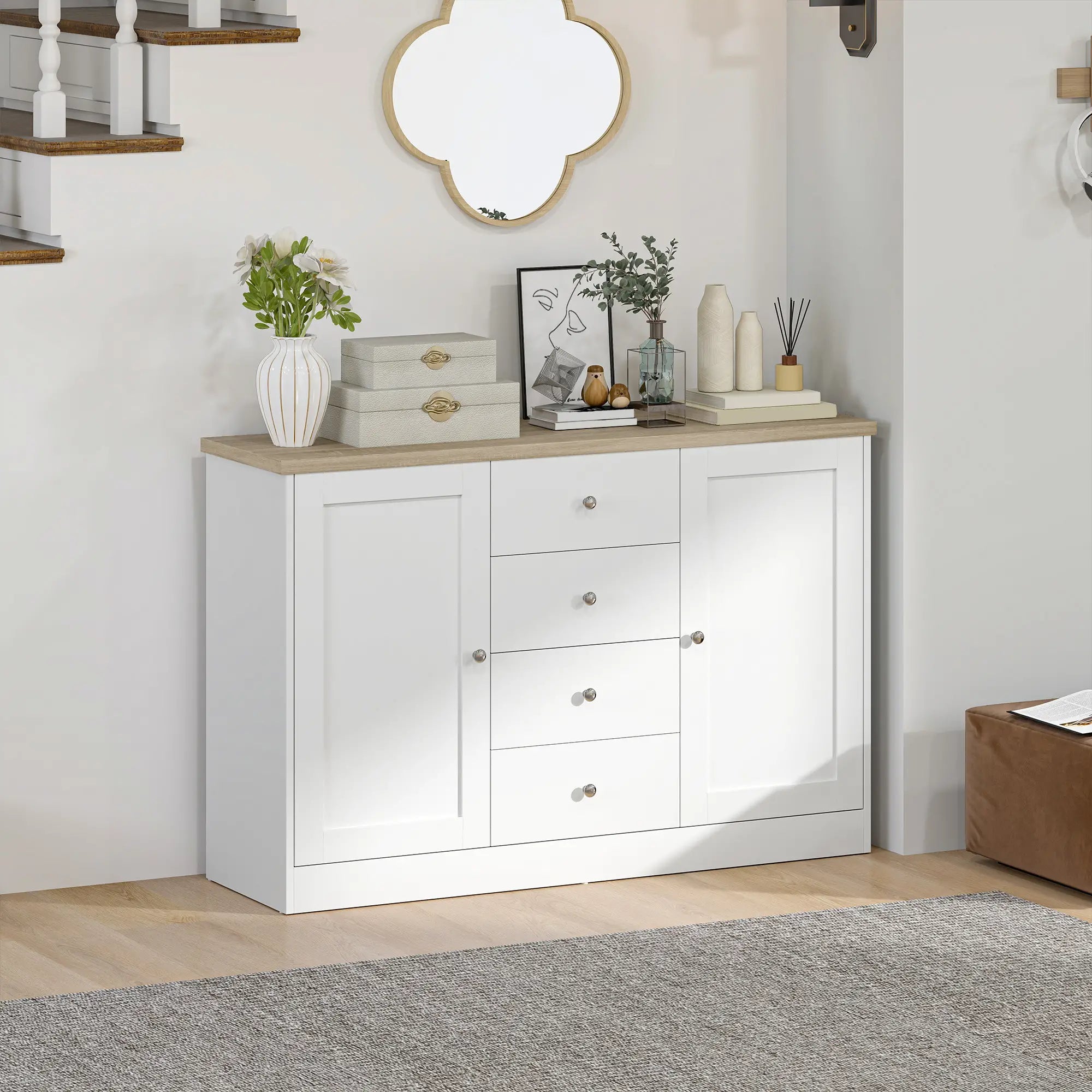 Country Style Sideboard Buffet, Coffee Bar Cabinet, Adjustable Shelf, 2 Shaker Doors, 4 Drawers, White Bar Cabinets at Gallery Canada