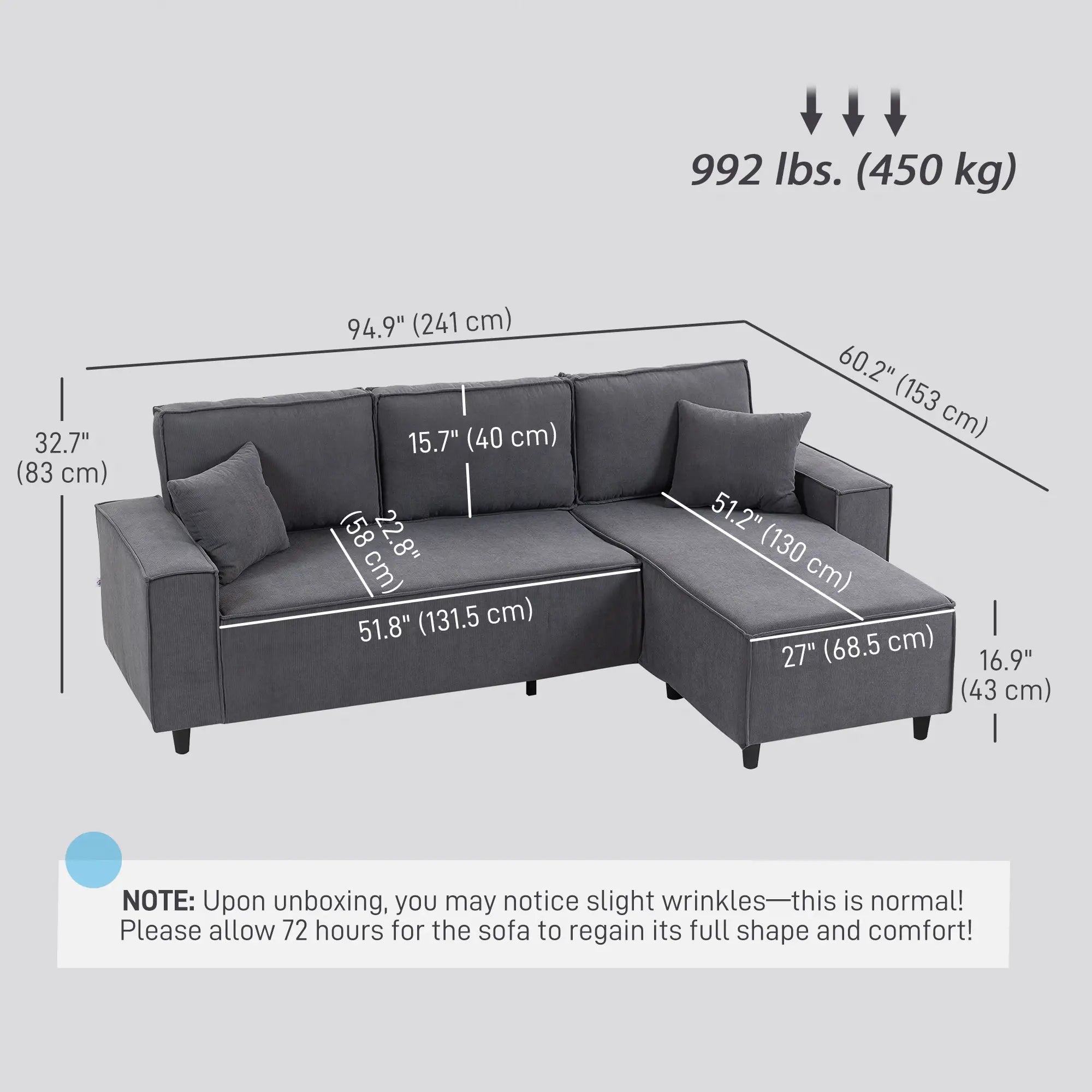 Corner Sofa, L-Shaped Sectional with Chaise, Pocket Spring, 2 Pillows, Charcoal Grey Sofas & Reclining Chairs at Gallery Canada