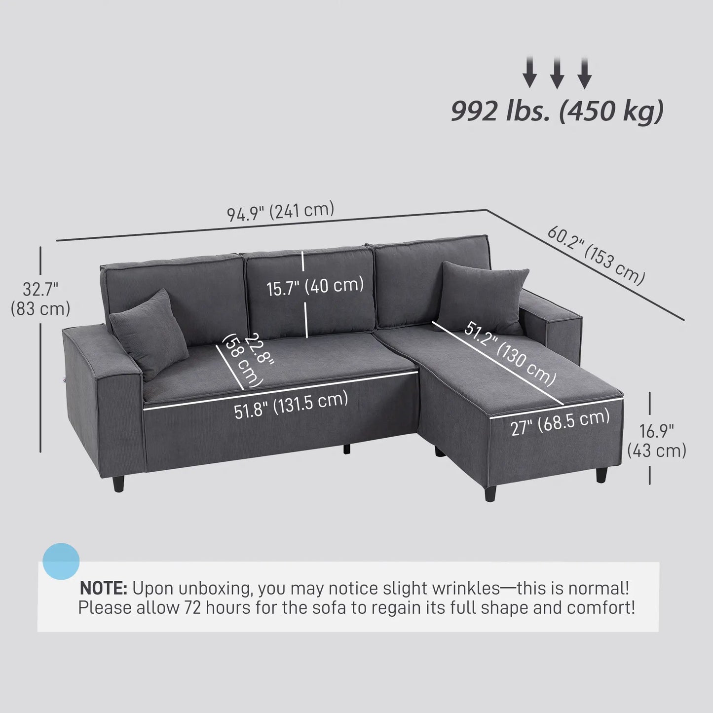 Corner Sofa, L-Shaped Sectional with Chaise, Pocket Spring, 2 Pillows, Charcoal Grey Sofas & Reclining Chairs at Gallery Canada