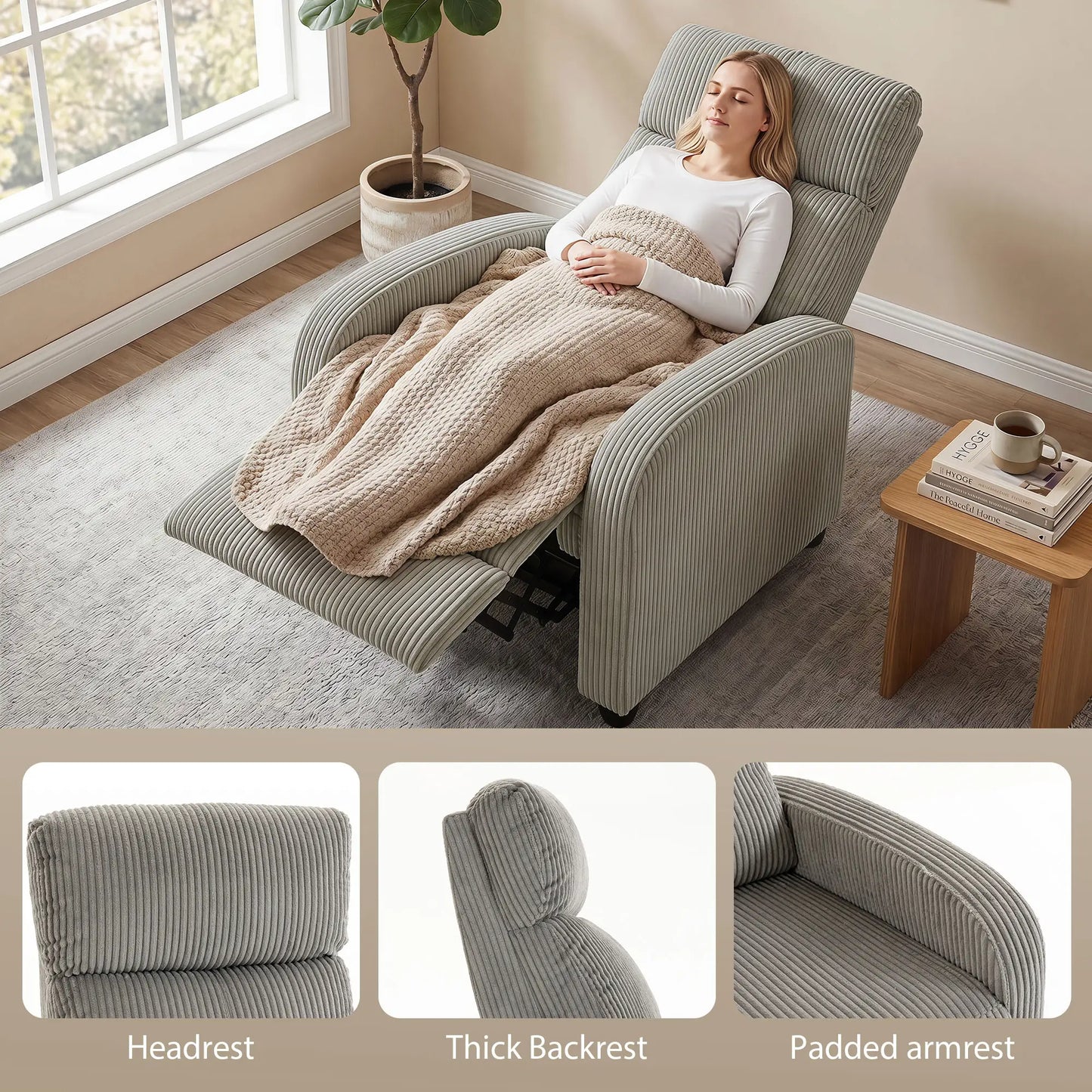 Corduroy Push Back Recliner Chair with Padded Seat, Grey