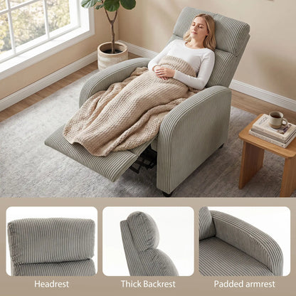 Corduroy Push Back Recliner Chair with Padded Seat, Grey
