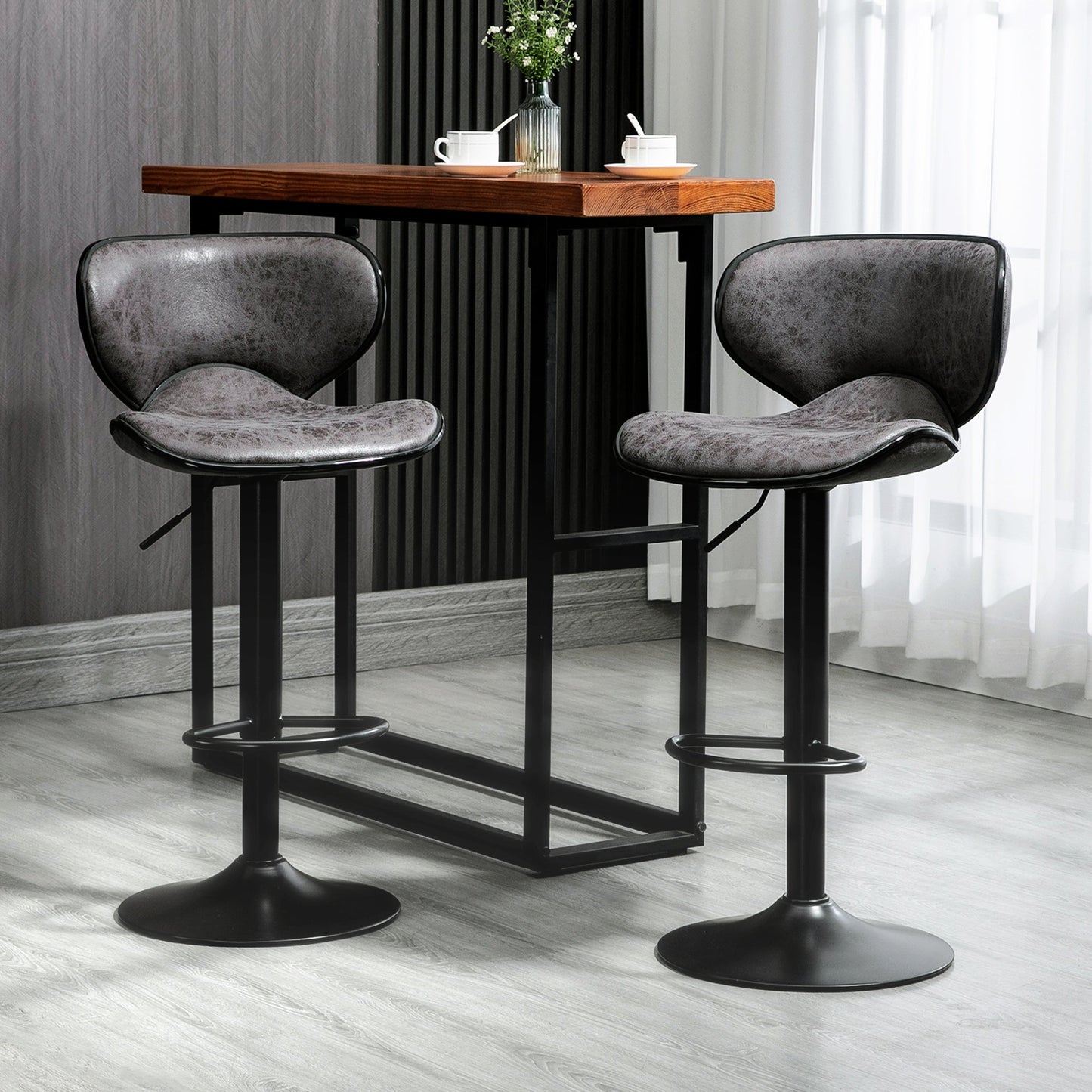 Vintage Bar Stools Set of 2, Microfiber Cloth Adjustable Height Armless Chairs with Swivel Seat, Dark Grey - Gallery Canada