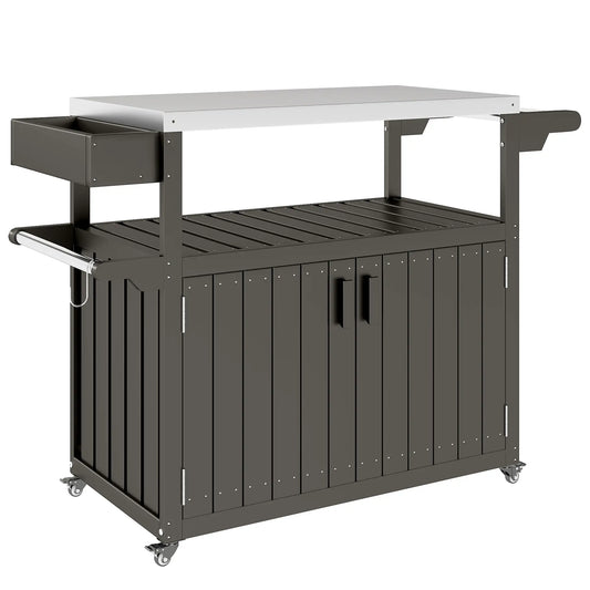 Outdoor Bar Cart With Storage Cabinet, Stainless Steel Table Top, Wheeled HDPE Kitchen Island Outdoor Grill Carts Dark Grey, Silver at Gallery Canada
