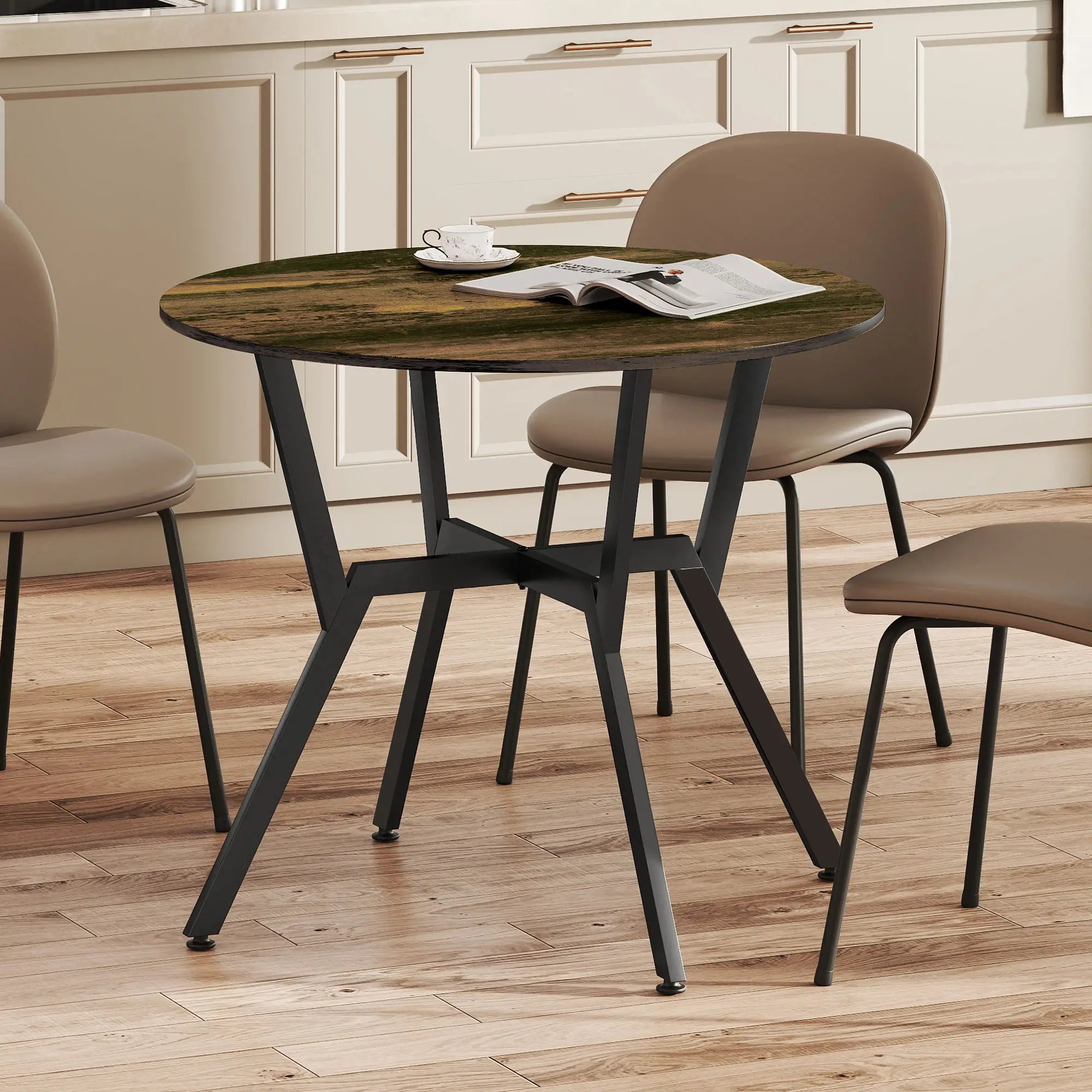 35 Inch Round Dining Table, Steel Frame, Rustic Brown Dining Tables at Gallery Canada