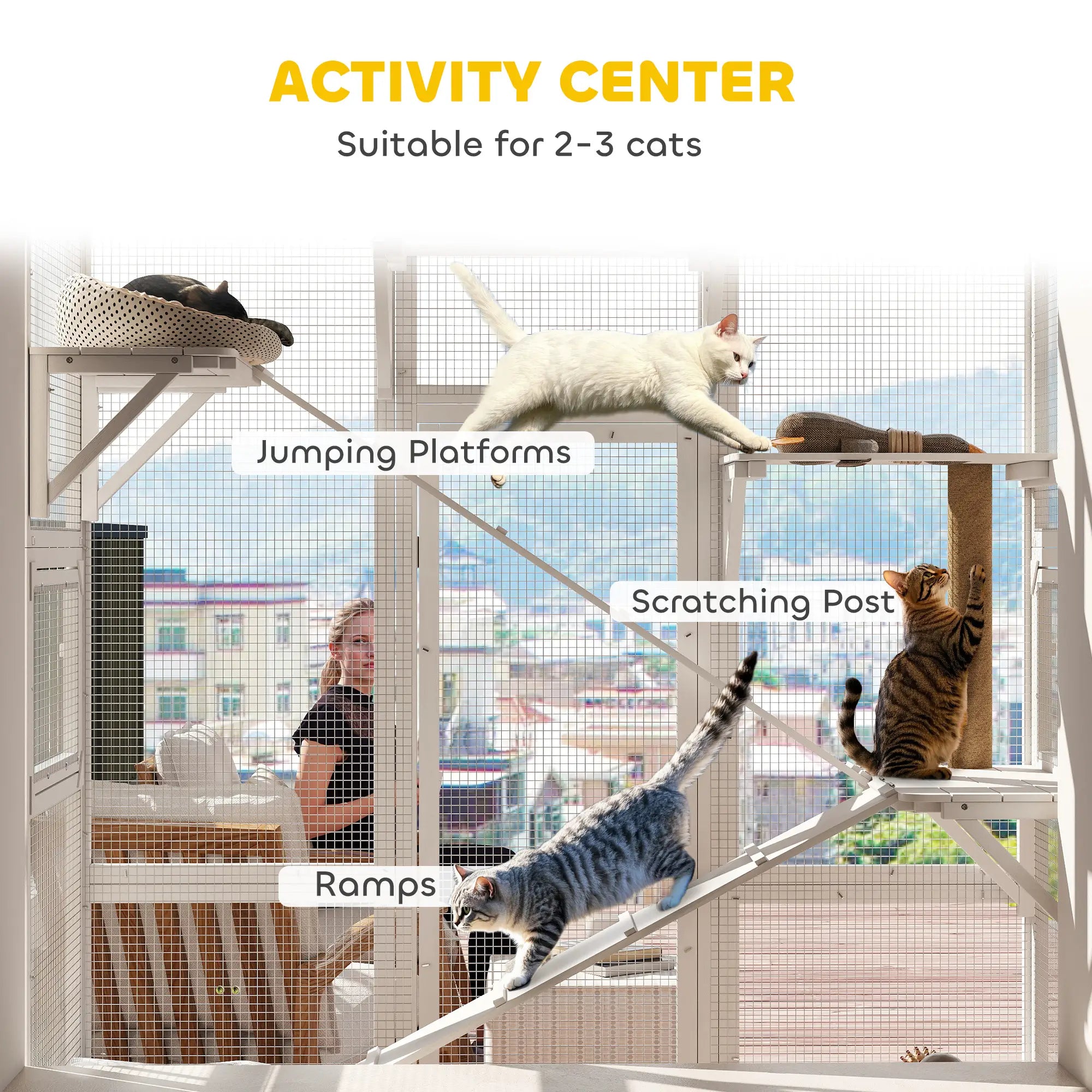 Wooden Catio Outdoor Cat Enclosure, 6 Platforms, Scratching Post, 2 Ramps, Waterproof Roof, White Outdoor Cat Enclosures at Gallery Canada