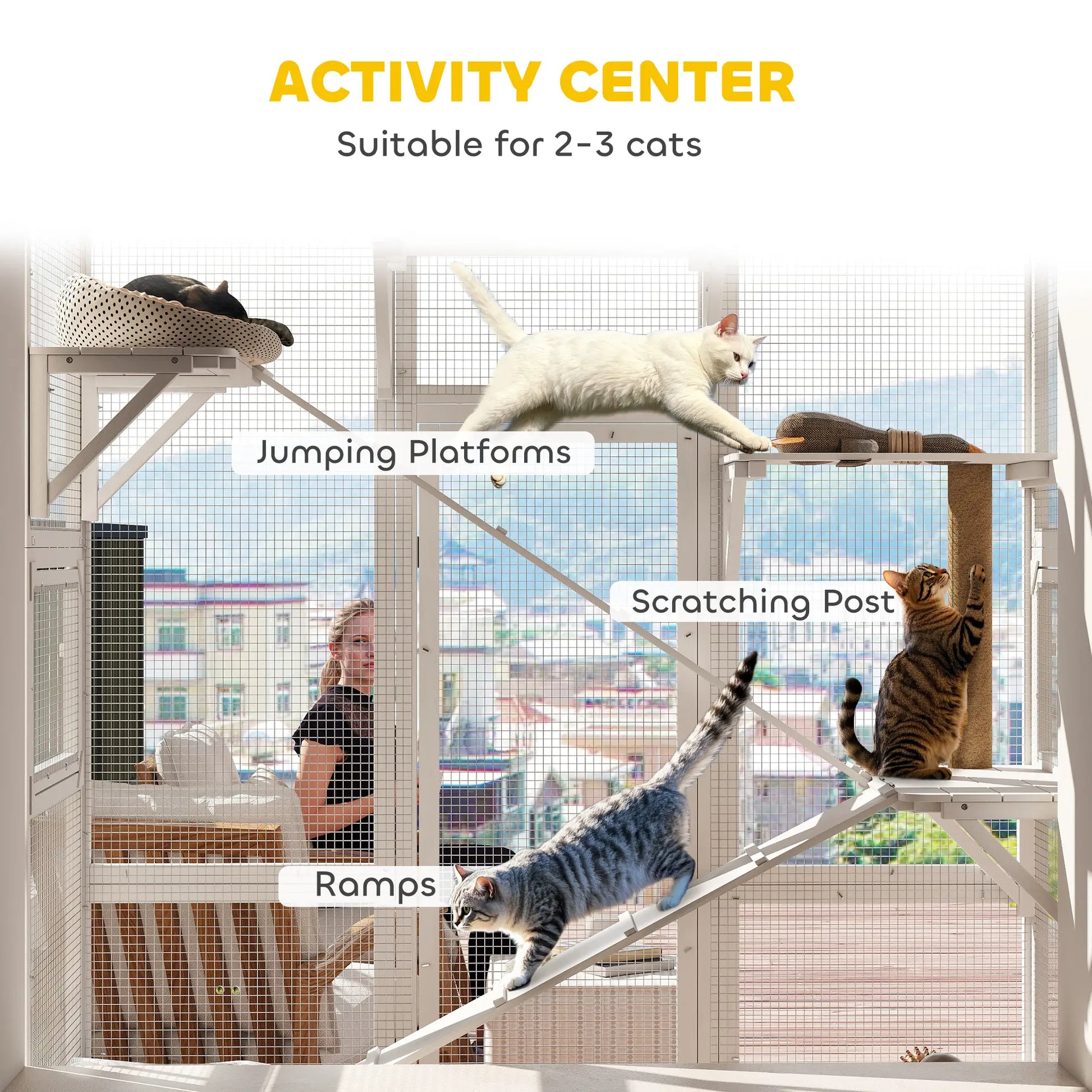 Wooden Catio Outdoor Cat Enclosure, 6 Platforms, Scratching Post, 2 Ramps, Waterproof Roof, White Outdoor Cat Enclosures at Gallery Canada