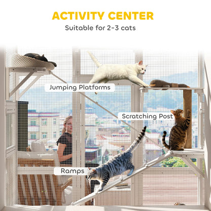 Wooden Catio Outdoor Cat Enclosure, 6 Platforms, Scratching Post, 2 Ramps, Waterproof Roof, White Outdoor Cat Enclosures at Gallery Canada