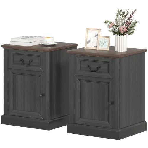 Side Table Set of 2 with Drawer and Cabinet, Black