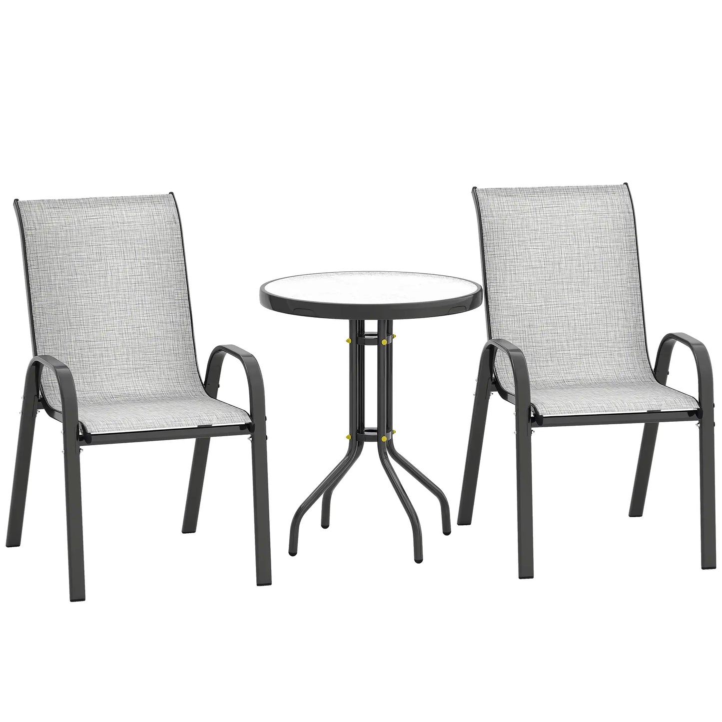3 Piece Bistro Set, Stackable Mesh Chairs, Glass Table, Grey Bistro Sets at Gallery Canada
