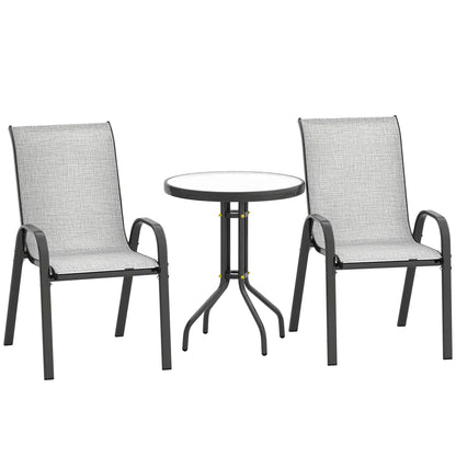 3 Piece Bistro Set, Stackable Mesh Chairs, Glass Table, Grey Bistro Sets at Gallery Canada