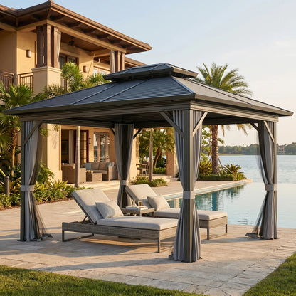 10' x 12' Hardtop Gazebo, Sun Shelter, Metal Roof, Mosquito Net, Light Grey Gazebos at Gallery Canada