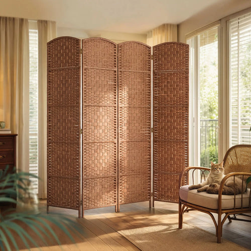 6ft Folding Room Divider, 4 Panel Wooden Frame, Natural