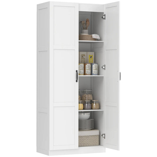 Farmhouse Pantry Cabinet, 71" Tall, Adjustable Shelves, Soft-Close Hinges, White Kitchen Pantry Cabinets White at Gallery Canada