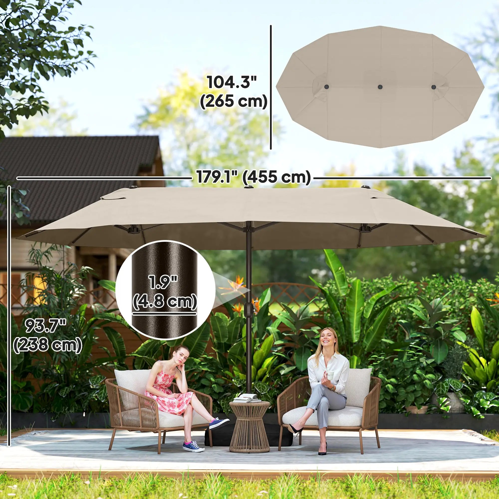 15' Outdoor Patio Umbrella, Twin Canopy Sunshade, Steel, Lift Crank, Khaki Sun Umbrellas at Gallery Canada
