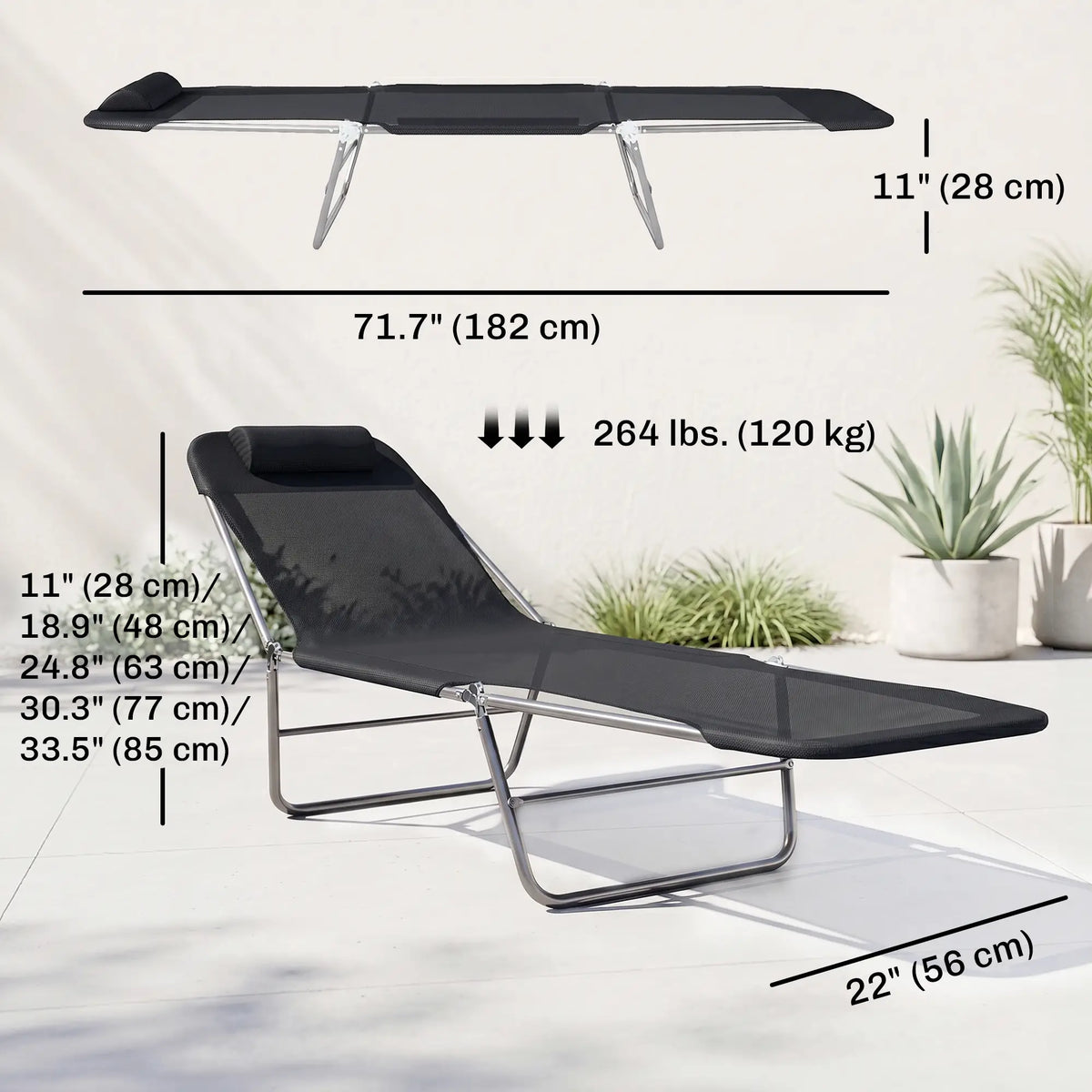Portable Adjustable Reclining Lounge Chair, Folding Chaise, Black Lounger Chairs at Gallery Canada