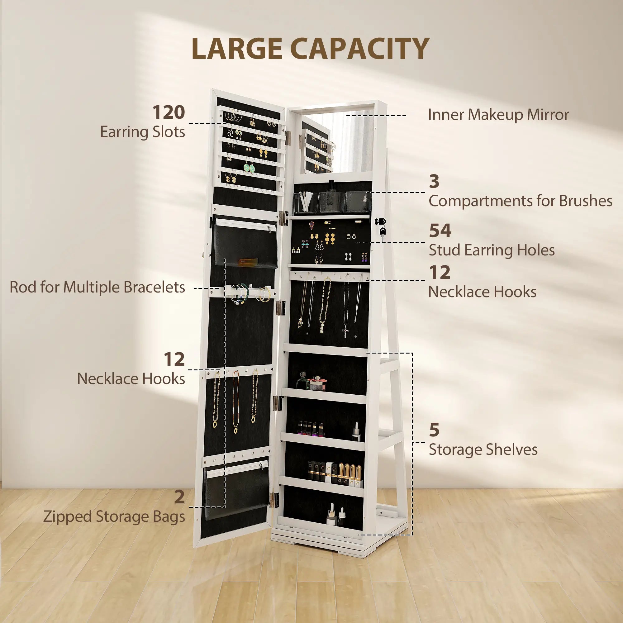 360° Swivel Jewelry Armoire, Lockable Mirror Cabinet, White Jewelry Armoire & Jewellery Mirror Cabinets at Gallery Canada