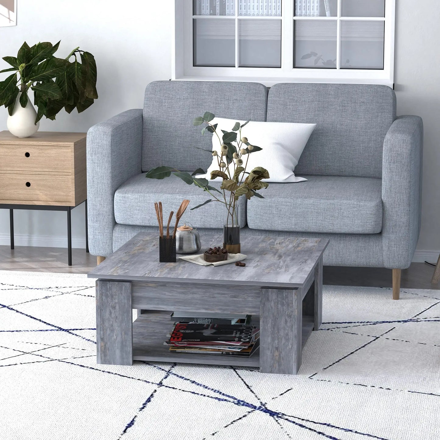 Modern Coffee Table with Storage, Square, Living Room, Grey