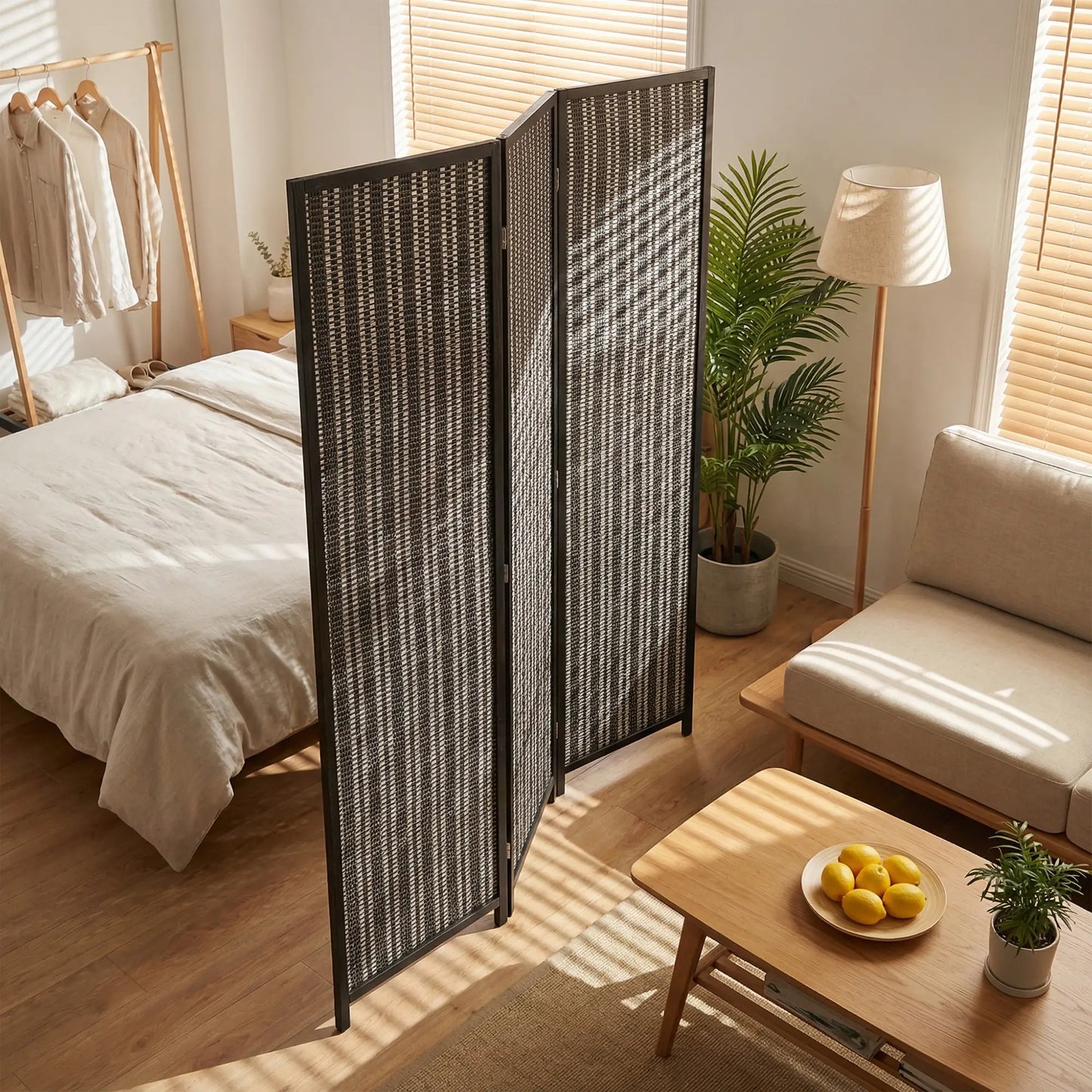3 Panel Folding Privacy Screen, Handwoven Bamboo Pine Wood Frame, Black Room Dividers at Gallery Canada