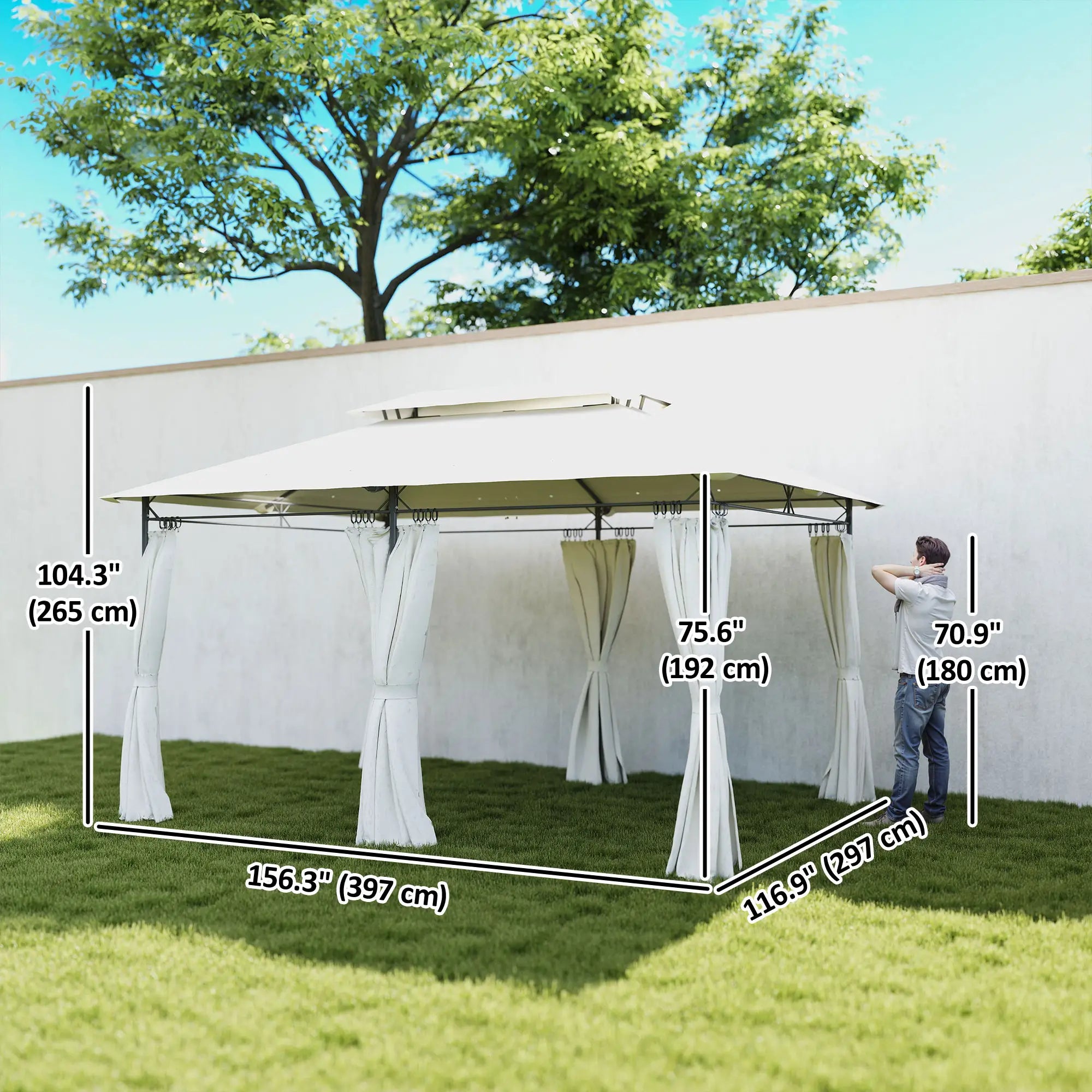 10' x 13' Double Roof Patio Gazebo, Outdoor with Curtains, Cream White Gazebos at Gallery Canada