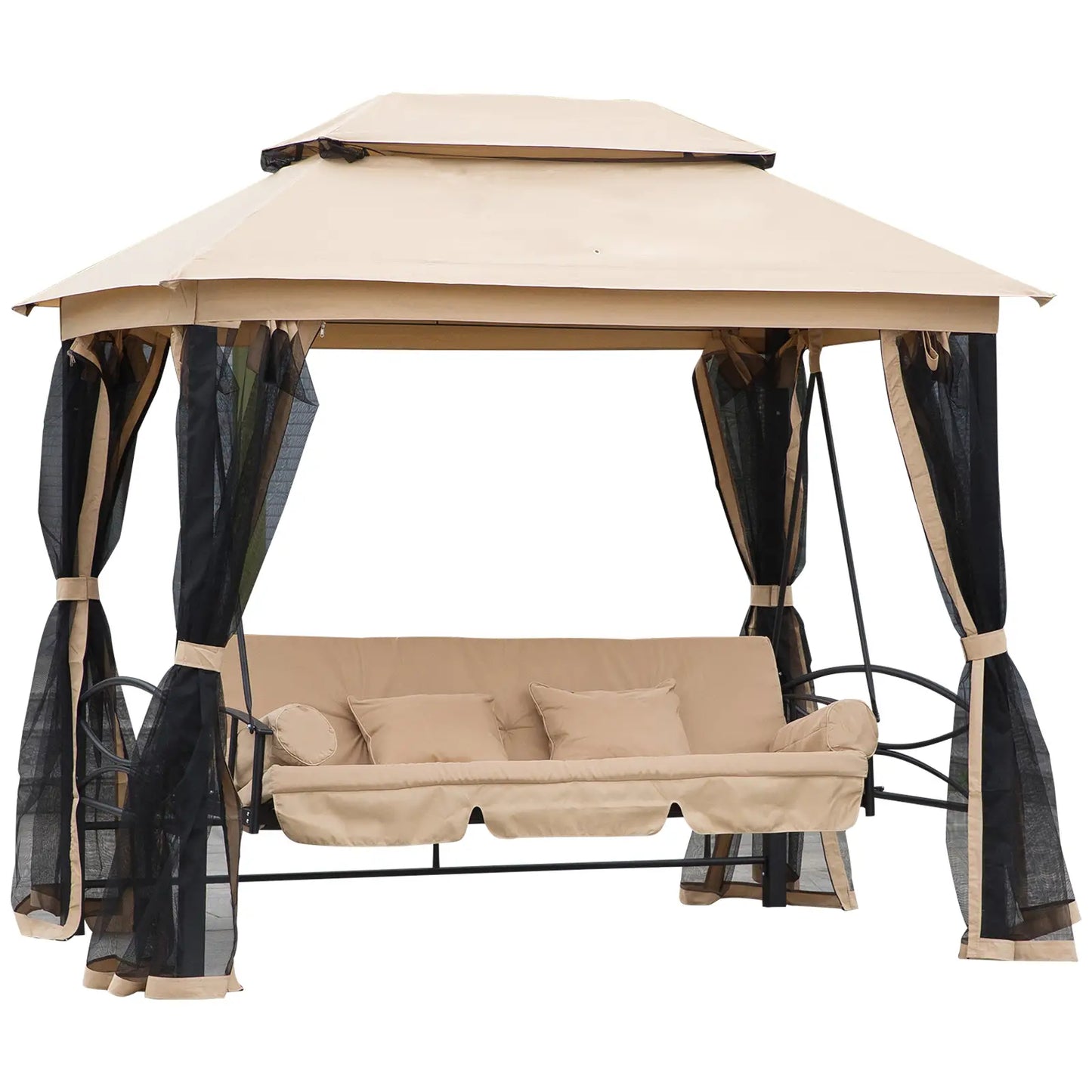 3 Person Outdoor Daybed, Canopy Gazebo Swing Chair, Mesh Mosquito Net, Sun Shade, Beige Porch Swings with Canopy Beige at Gallery Canada