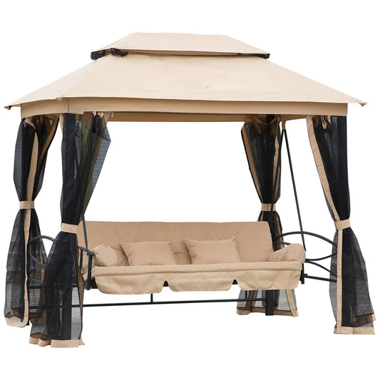 3 Person Outdoor Daybed, Canopy Gazebo Swing Chair, Mesh Mosquito Net, Sun Shade, Beige Porch Swings with Canopy Beige at Gallery Canada