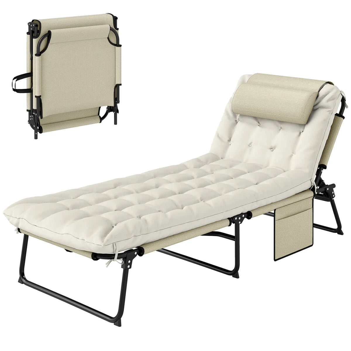 Folding Lounge Chair, 4-Level Reclining Back, Cushion, Beige Lounger Chairs at Gallery Canada