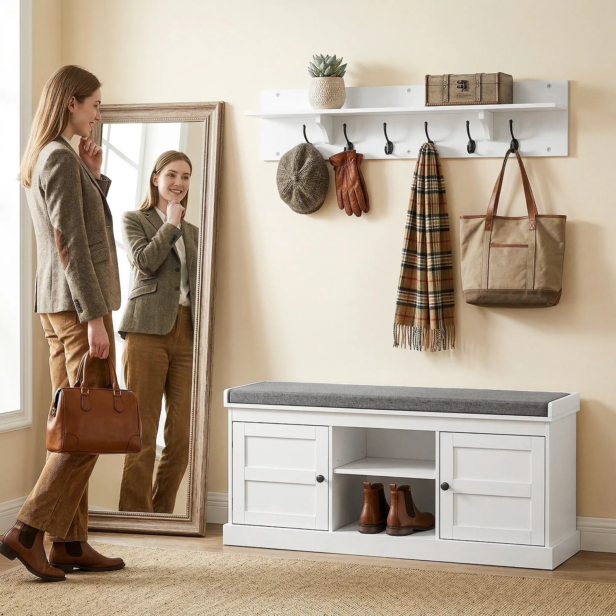 2-in-1 Coat Rack Shoe Bench With 6 Hooks, White Grey Shoe Storage Cabinets & Racks at Gallery Canada