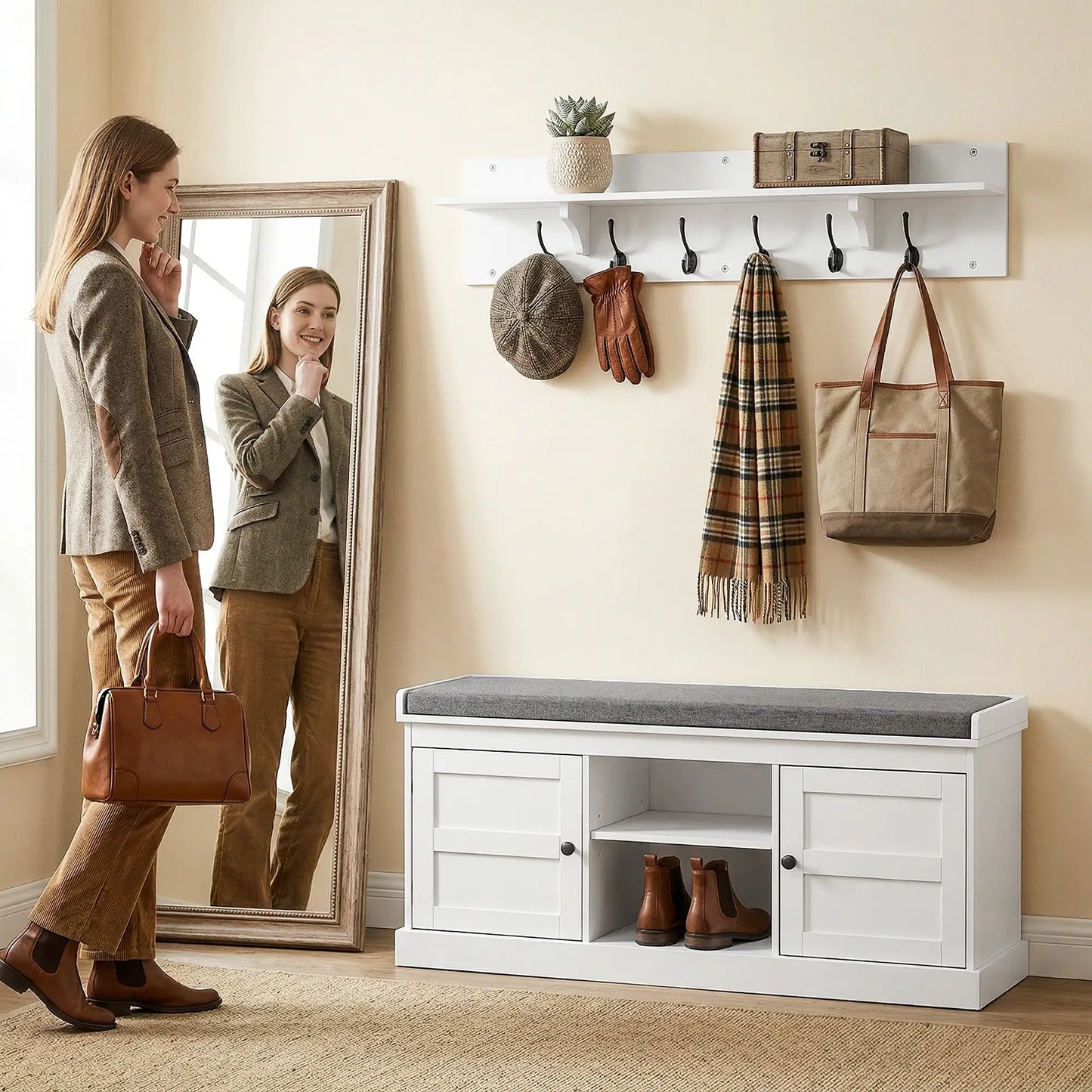 2-in-1 Coat Rack Shoe Bench With 6 Hooks, White Grey Shoe Storage Cabinets & Racks at Gallery Canada