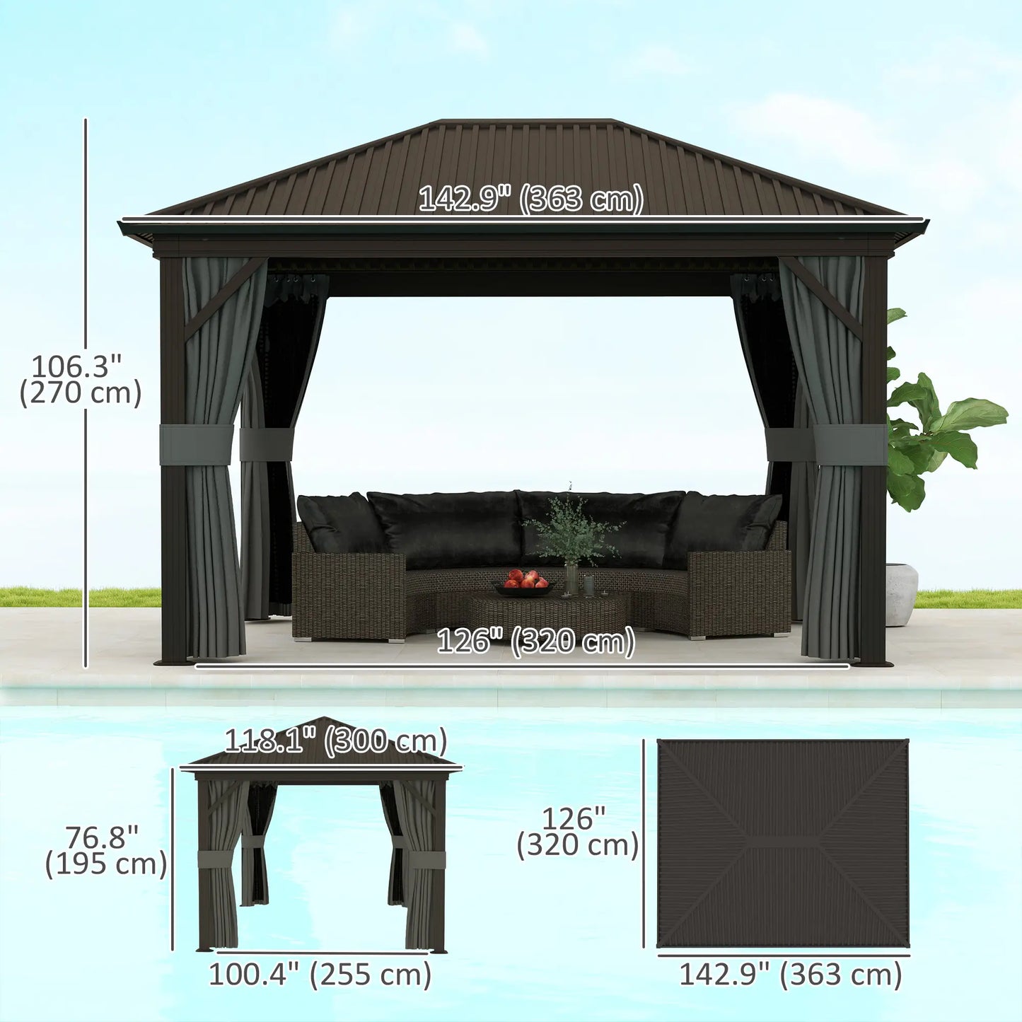 10' x 12' Hardtop Gazebo, Metal Roof, Aluminum Frame, Mesh Nettings, Dark Grey Gazebos at Gallery Canada