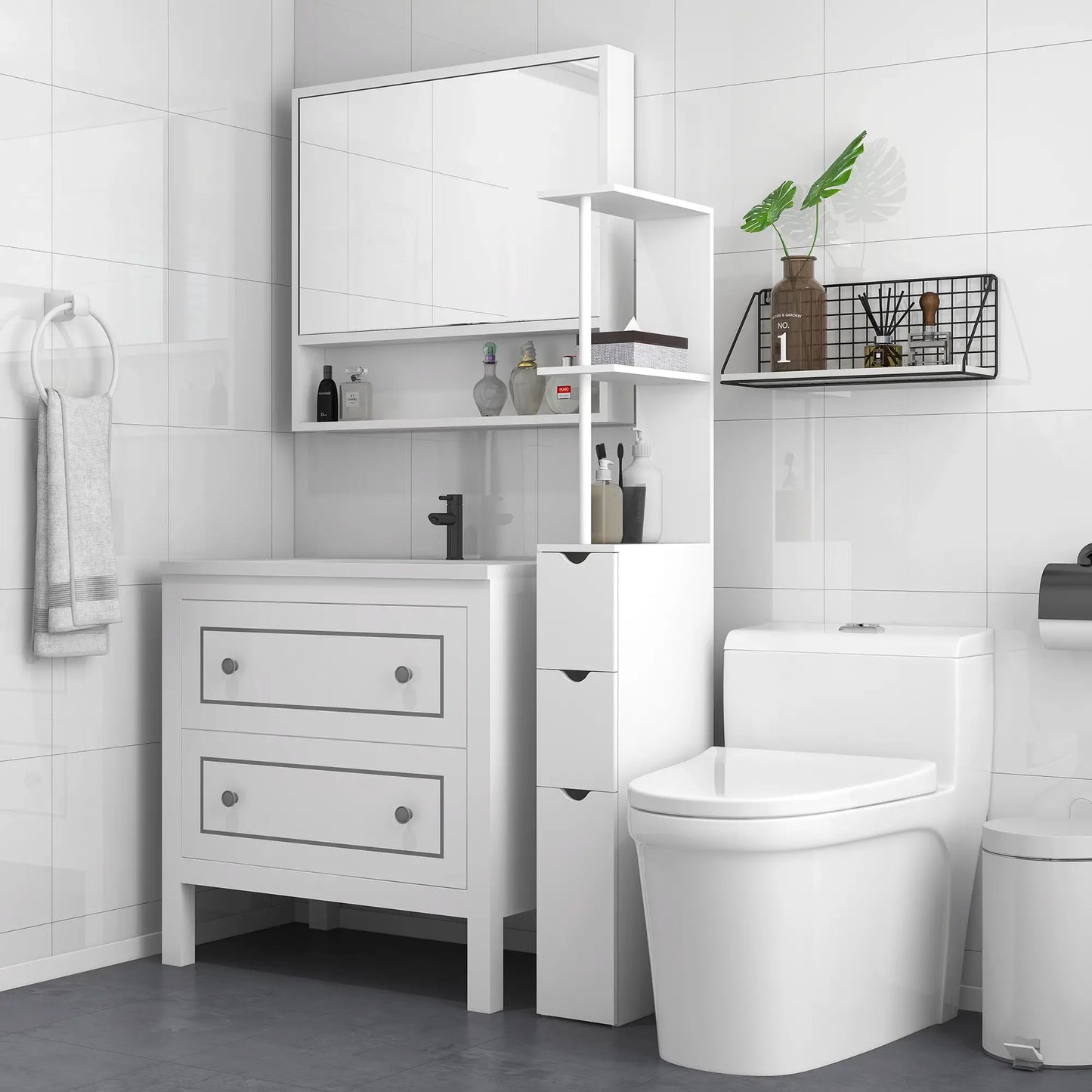 Tall Narrow Bathroom Storage Cabinet, Drawers and Open Shelves, White Bathroom Cabinets at Gallery Canada