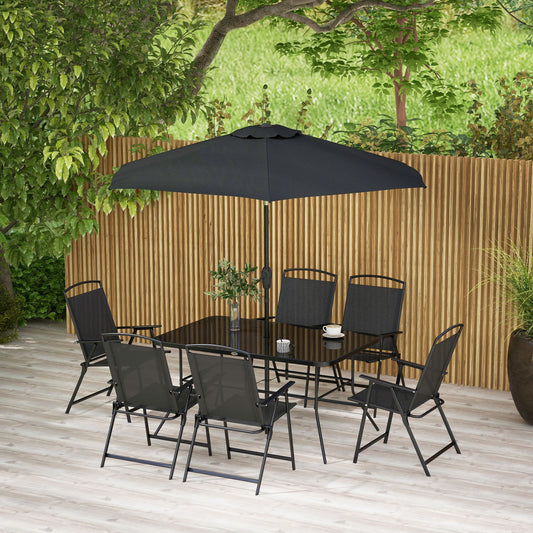 8 Piece Patio Set with Umbrella, 6 Folding Chairs, Rectangle Table, Outdoor Dining Set for 6 with Mesh Seat, Black - Gallery Canada